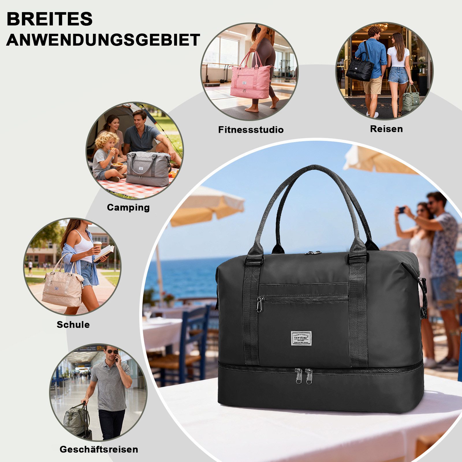 TAN.TOMI Reisetasche Wasserdicht Travel Duffle Bag 46x46x23 Tragetasche Sporttasche (Erweiterbar mit Trolley-Ärmel und Nasstasche), Fitnesstasche Trainingstasche Krankenhaustasche mit Schuhfach