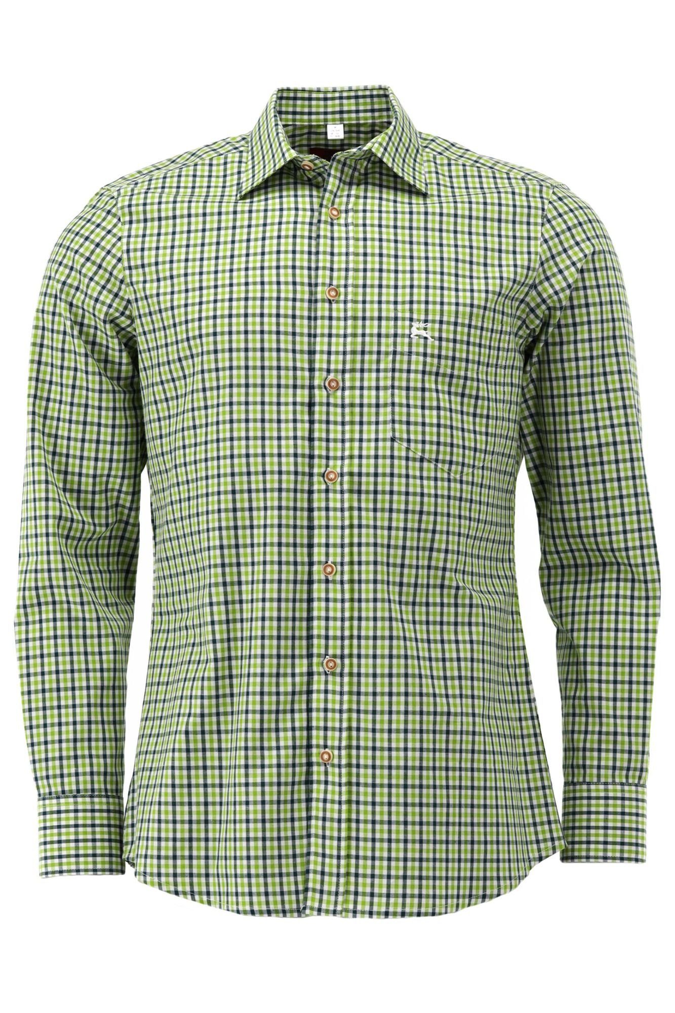 Langarm Outdoorhemd Tupopa giftgrün Brusttasche OS-Trachten mit auf Hirsch-Stickerei Jagdhemd der