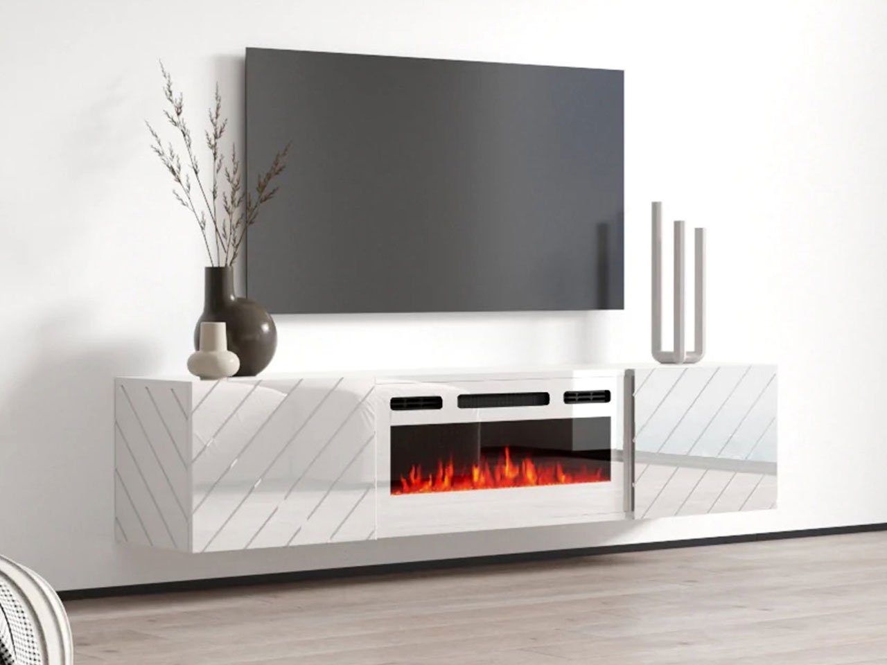 Mirjan24 TV-Schrank Luxe (mit zwei Drehtüren, Elektrische Kamin) Realistische LED-Flamme, Gehärtetes Glas, 183x35x38 cm Weiß / Weiß Hochglanz