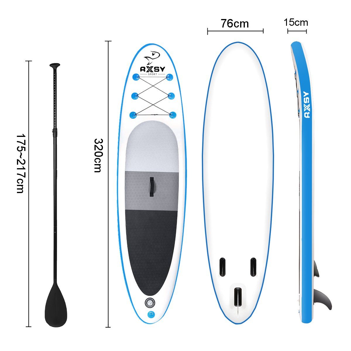 Sport Boards Insma Inflatable SUP-Board 320x76x15 cm, Aufblasbar Surfboard Set max. 160 kg mit komplettem Zubehör (Luftpumpe Ruc
