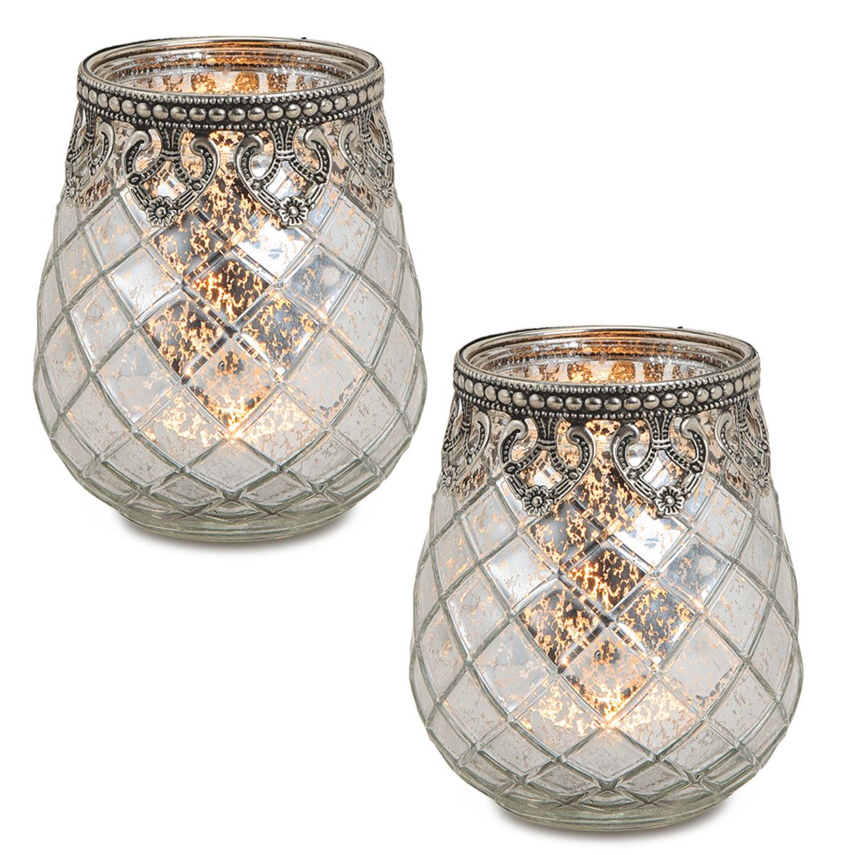 matches21 HOME & HOBBY Bilderrahmen Vintage Kerzengläser Set Outdoor Windlicht Laternen silber 10 cm, (2 St), Moderner Glas Teelichthalter als Kerzenständer Tisch-Deko Balkon