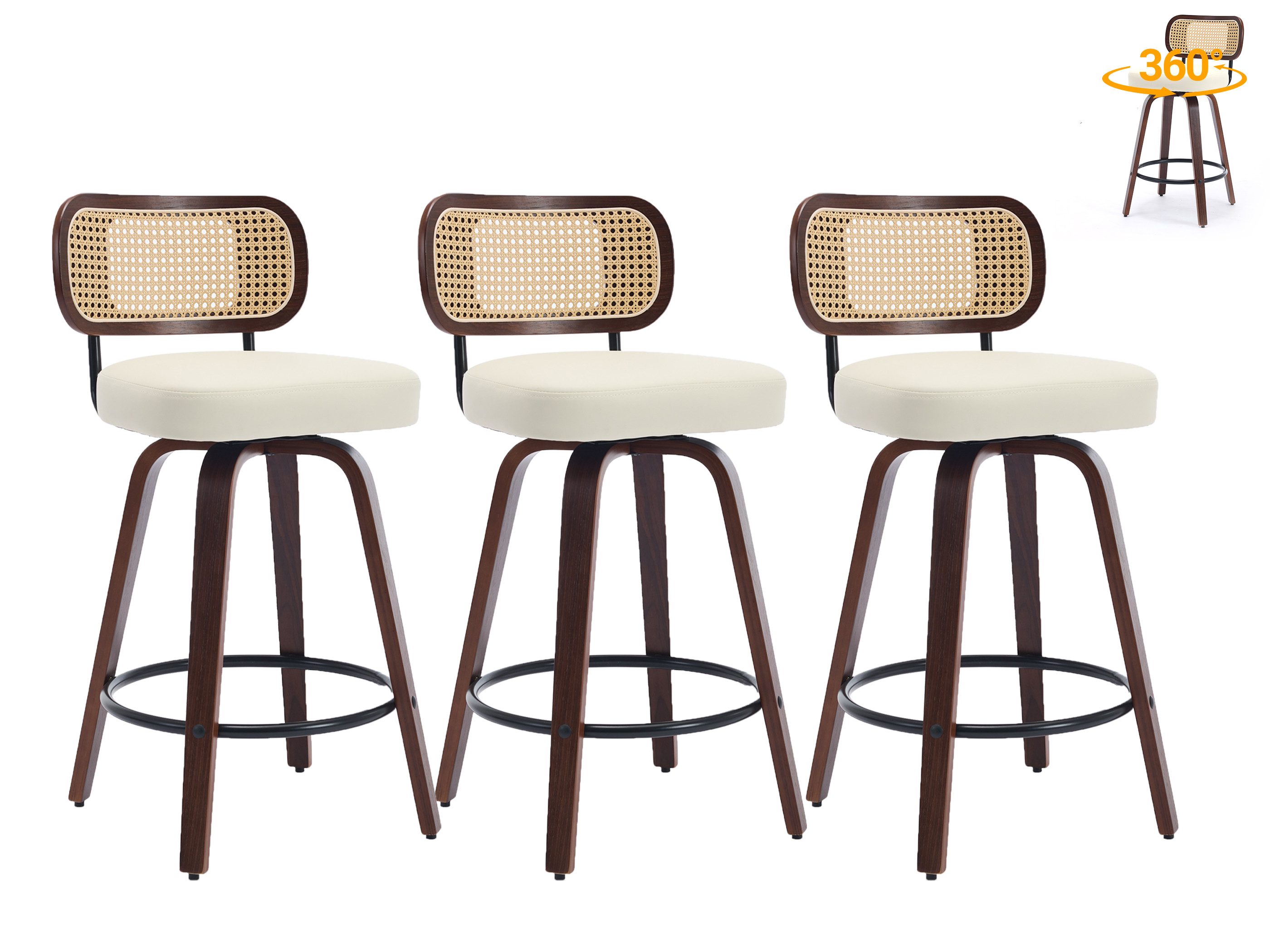 SeedWave Barhocker Retro Drehocker mit Rattan-Lehne, PU-Leder Drehsitz, Walnussholzbeinen, 3er Set Barstuhl mit ringförmigen Metall-Fußstützen