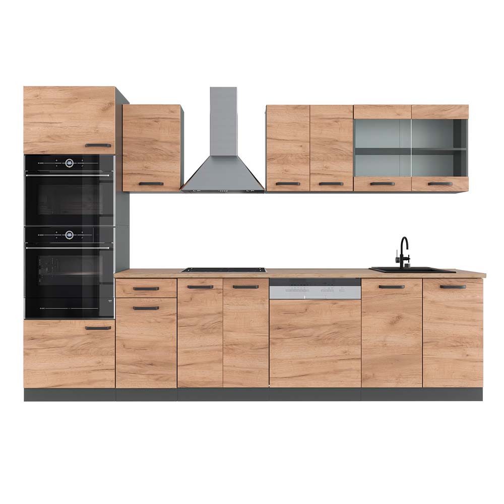 Vicco Küchenzeile R-Line, Goldkraft Eiche/Anthrazit, 300 cm mit Hochschrank, AP Eiche
