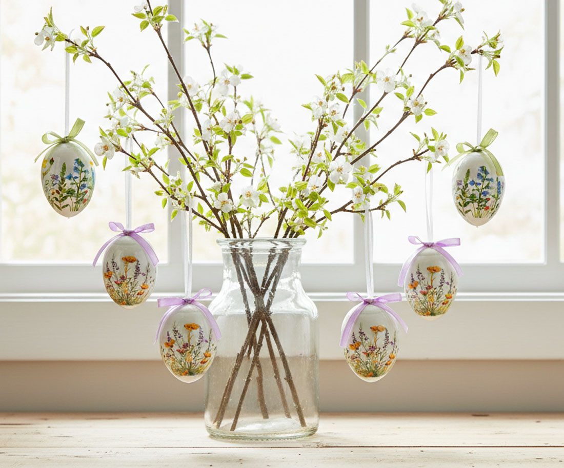 LB H&F Lilienburg Osterei 6 Stück Osterei Ostereier Osterdeko Deko Ostern Dekoration (Hängen Hängedeko Dekohänger aufhängen Pastell modern bunt Osterschmuck Osteranhänger Osterhänger kaufen Plastik Kunststoff Gartendeko Garten Dekoeier Eier Osterstrauß Osterstrauch Motiv bunt modern Design, weiß Frühlingsdeko Frühling Frühjahr Frühlingsdeko Frühjahrsdeko zum), Blumen Blüte Pflanze nostalgisch Nostalgie Shabby