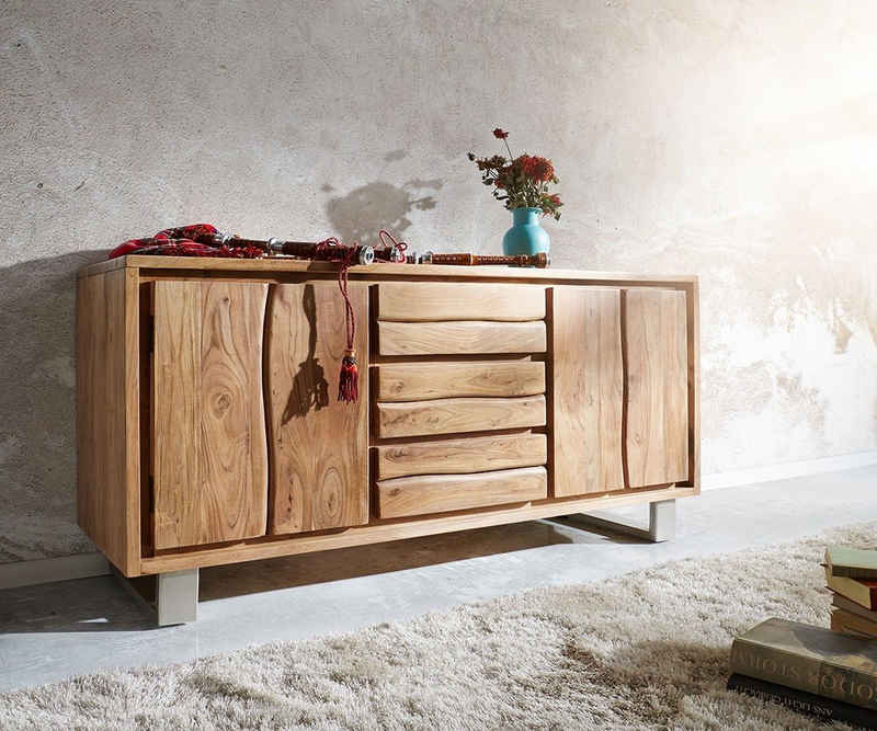 DELIFE Sideboard Live-Edge, Akazie Natur 147 cm 2 Türen 3 Schübe Baumkante Sideboard