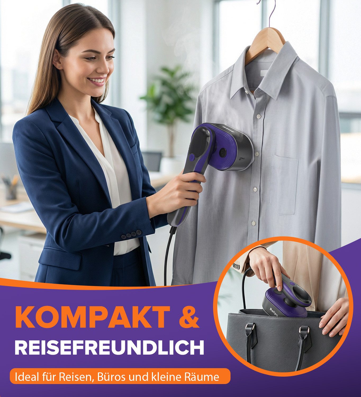 Rolipo Dampfglätter Dampfbürste, Steamer 110 ml Wassertanks, 20S Schnelles Aufheizen, 1200 W, 20g/min Starke Dampfleistung, Reisebügeleisen, LED Display