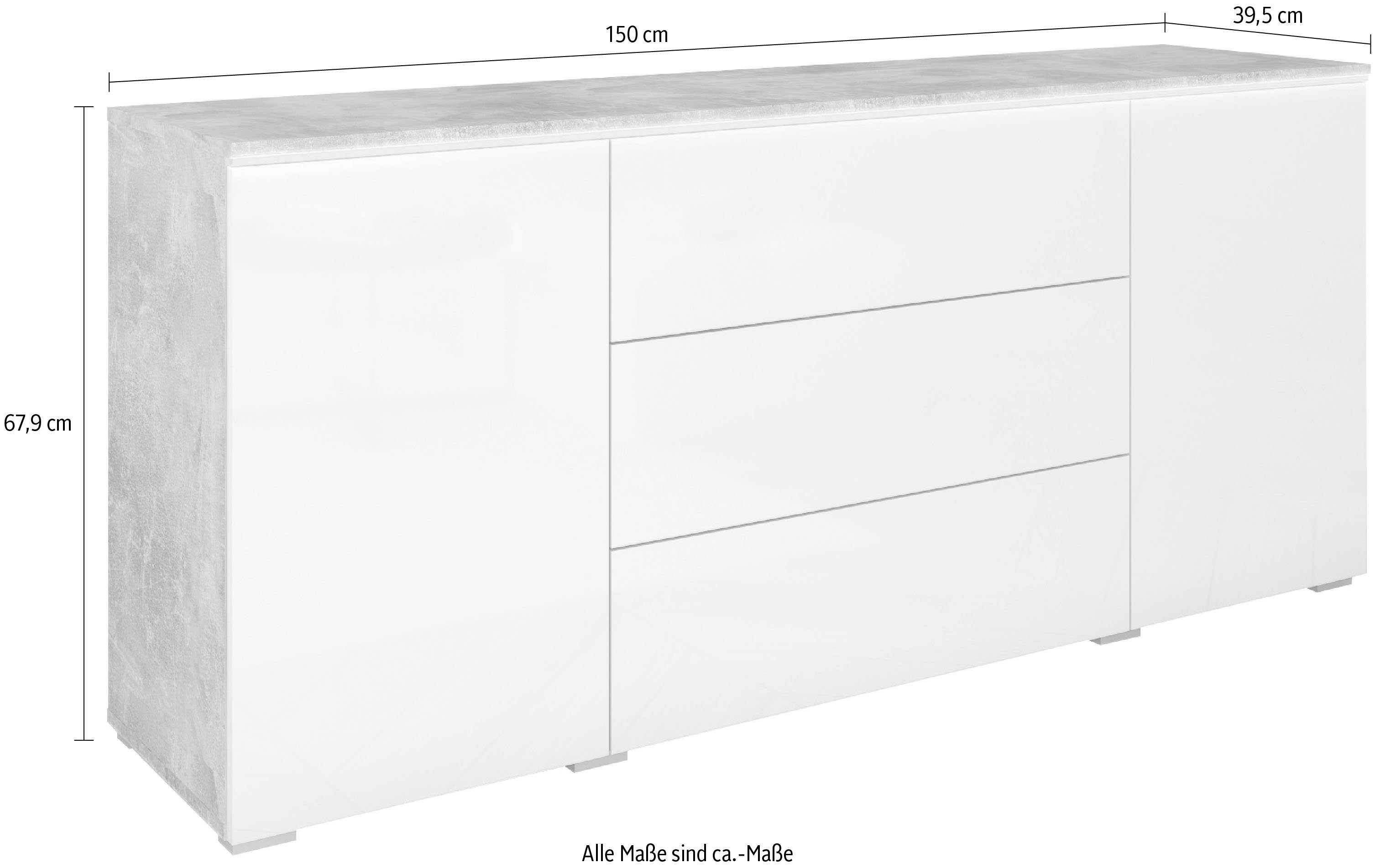 INOSIGN Sideboard Vera, Breite 150 Hochglanz cm Betonoptik/weiß