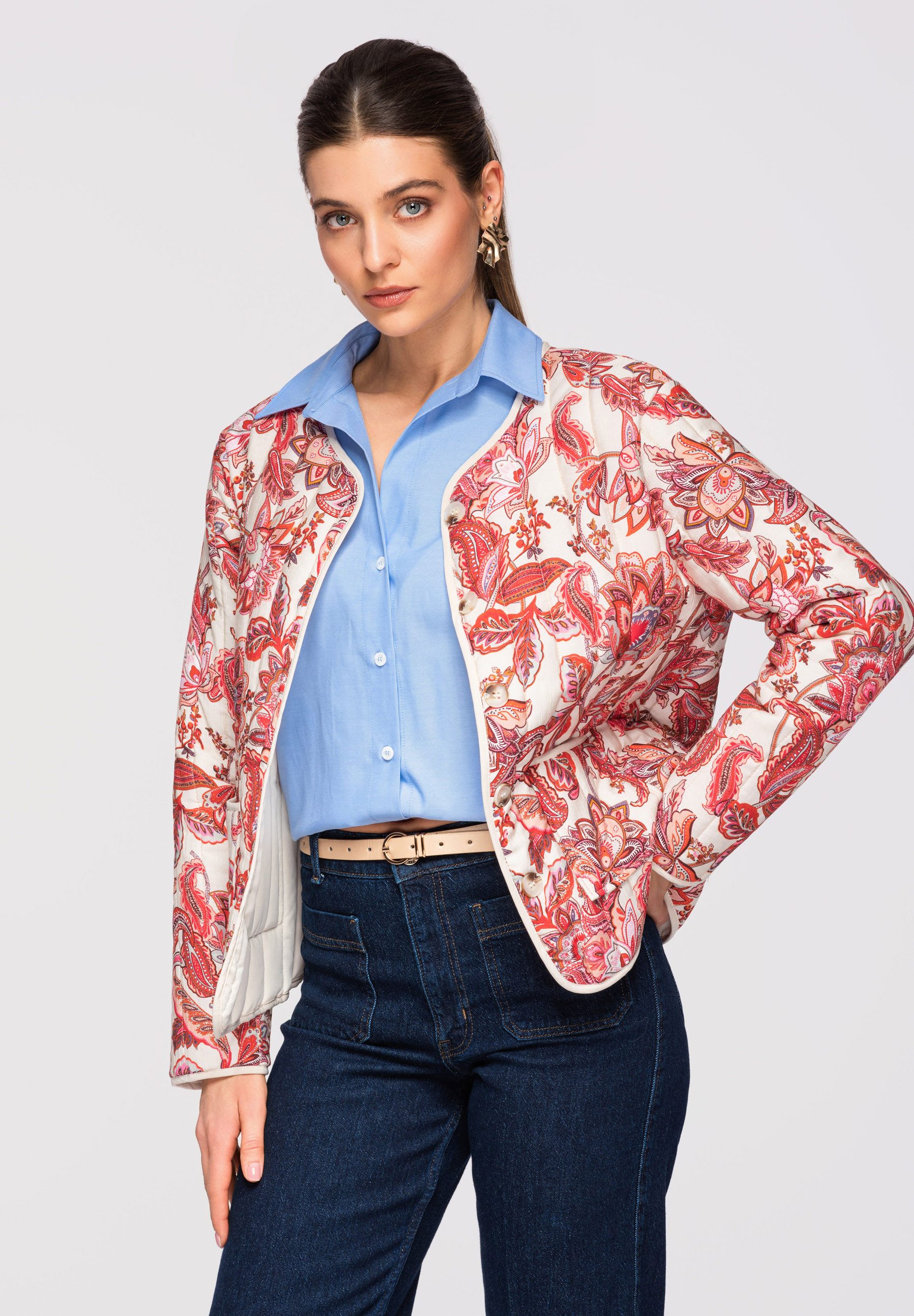 OMBRE Bomberjacke Damen Jacke Paisley Muster Casual Rose/beige L (1-St) aufgesetzte Taschen