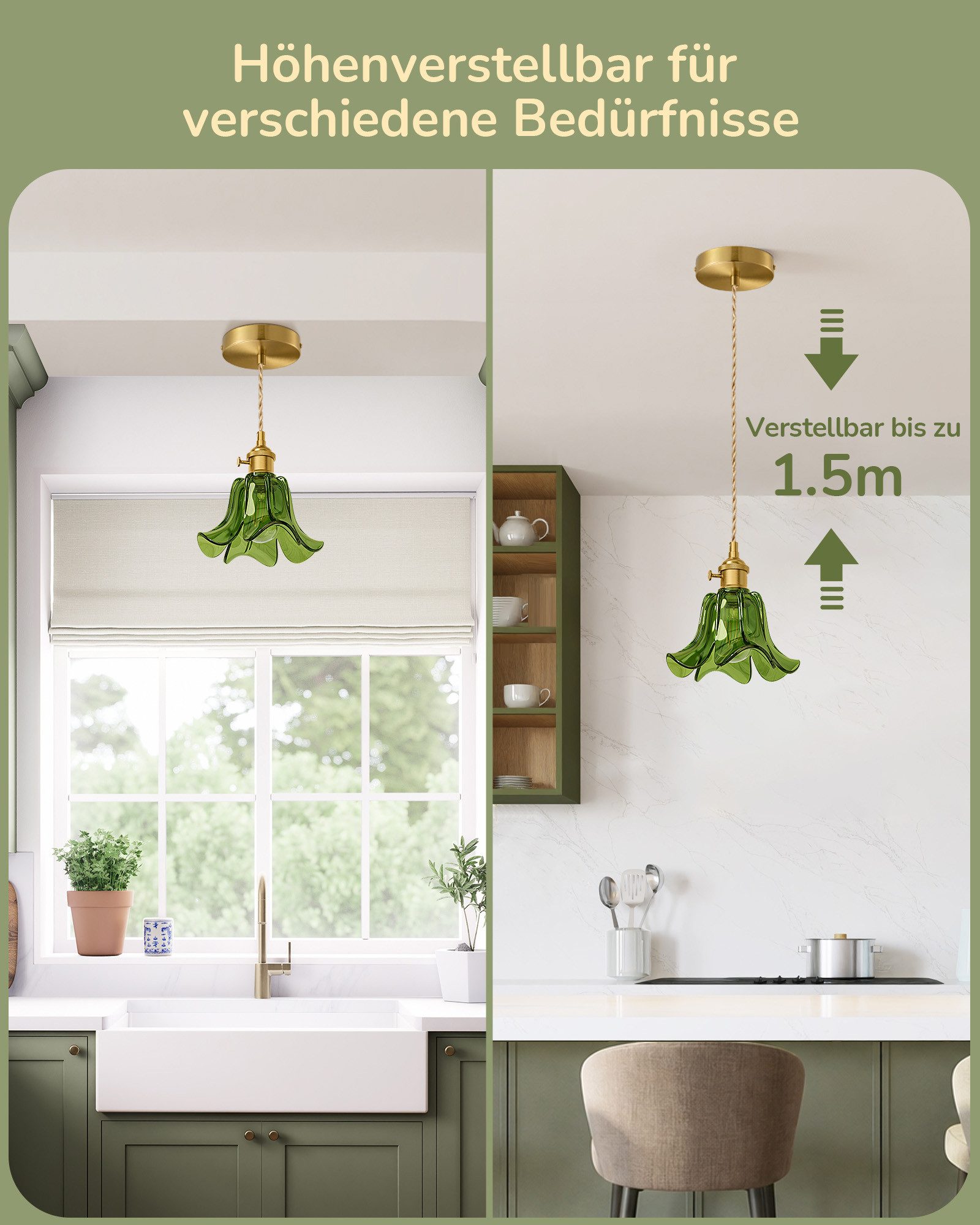 EDISHINE Pendelleuchte Glas, LED wechselbar, warmweiß, 1,5 m höhenverstellbares Hanfseil, für Kücheninsel, Esstisch und Flur