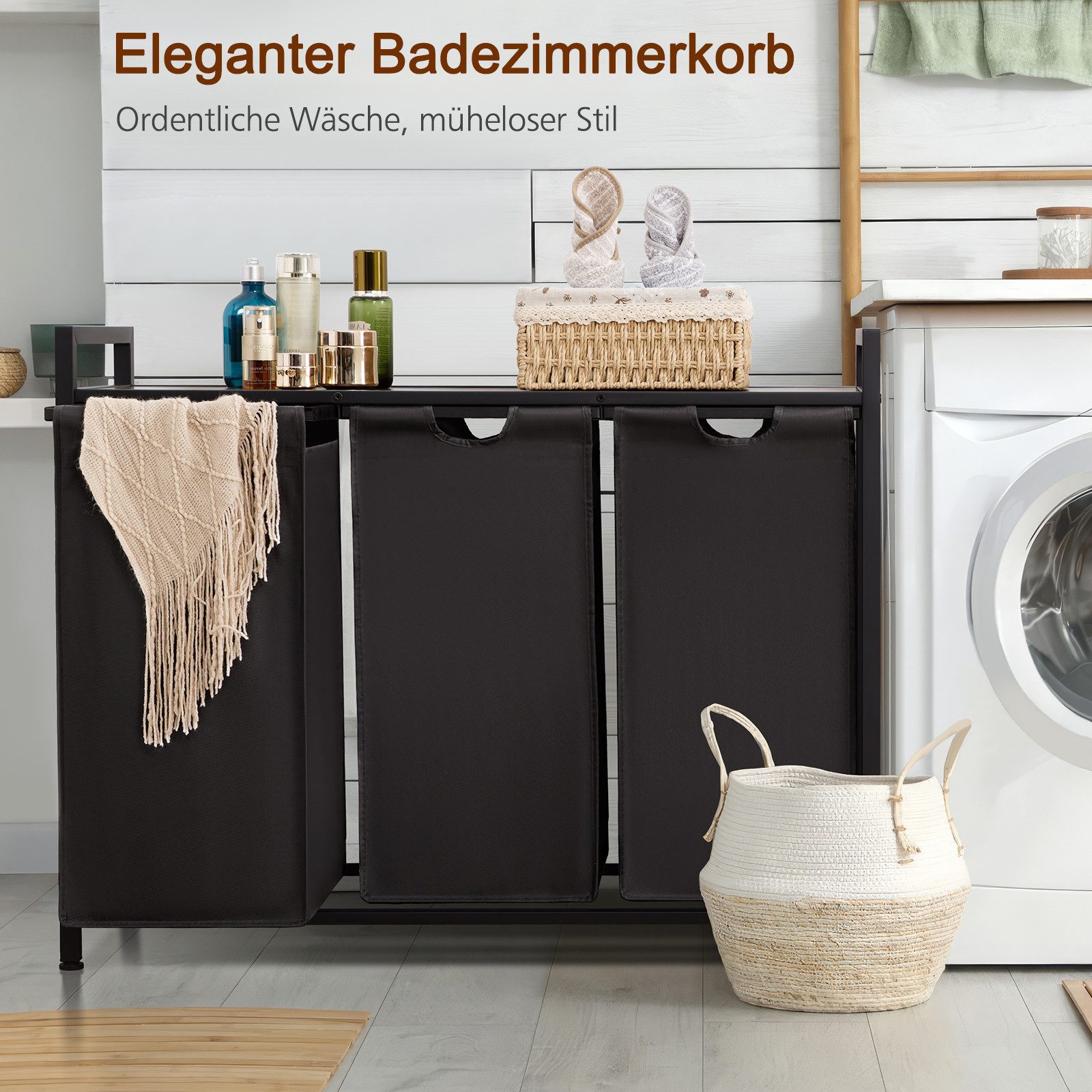 AMHANCIBLE Wäschekorb mit 3 Fächern & oberem Regal, Ausziehbar 3 x 38 Liter (1 St), Maße 92×30×72 cm – Bild 5 von 5