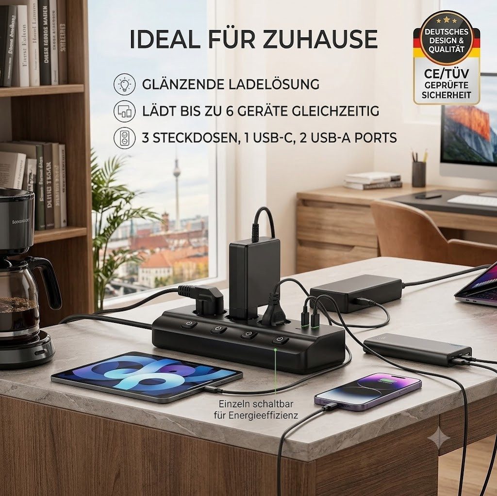 Forrlite Steckdosenleiste 3 fach, Mehrfachsteckdose mit usb & einzelne Schalter Steckdosenleiste 3-fach (Schalterbeleuchtung, separate Ein- / Ausschalter, Schutzkontaktkupplung, Kabellänge 2 m), überspannungsschutz