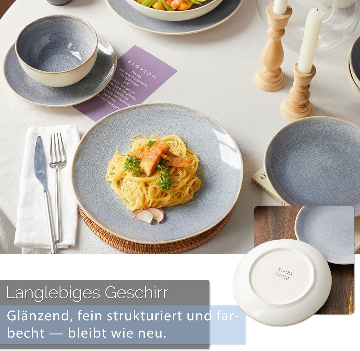 JIWOO Geschirr-Set 16er Kombiservice Teller-Set Tafelservice Schüssel-Set Speiseteller (16-tlg), 4 Personen, Keramik, Hochwertiges Geschirr set Blau Mikrowellen – Bild 5 von 5