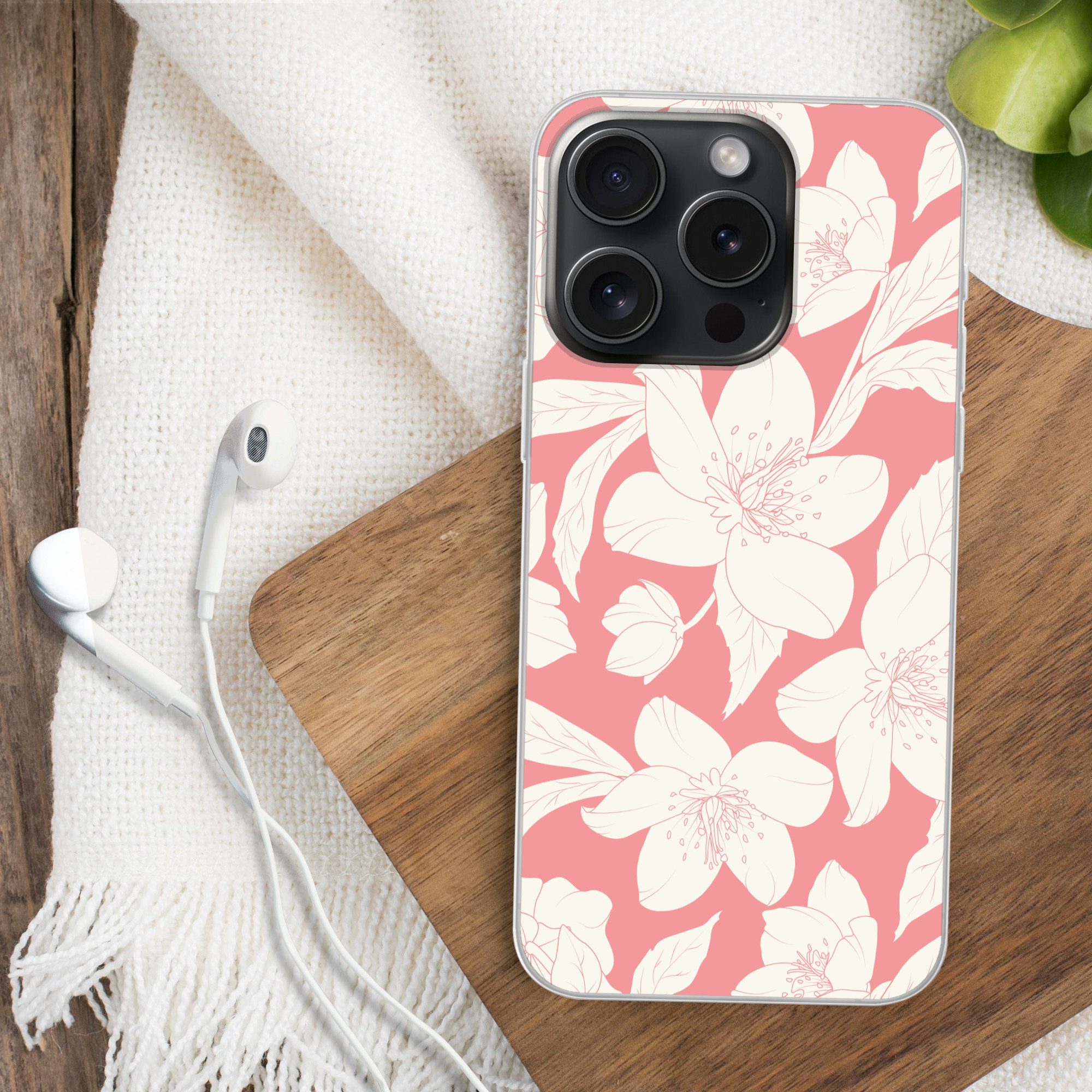 MuchoWow Handyhülle für Apple iPhone 15 Pro Blumen - Muster - Rosa - Weiß, Smartphone-Bumper, Print, Handy Schutzhülle Dünn