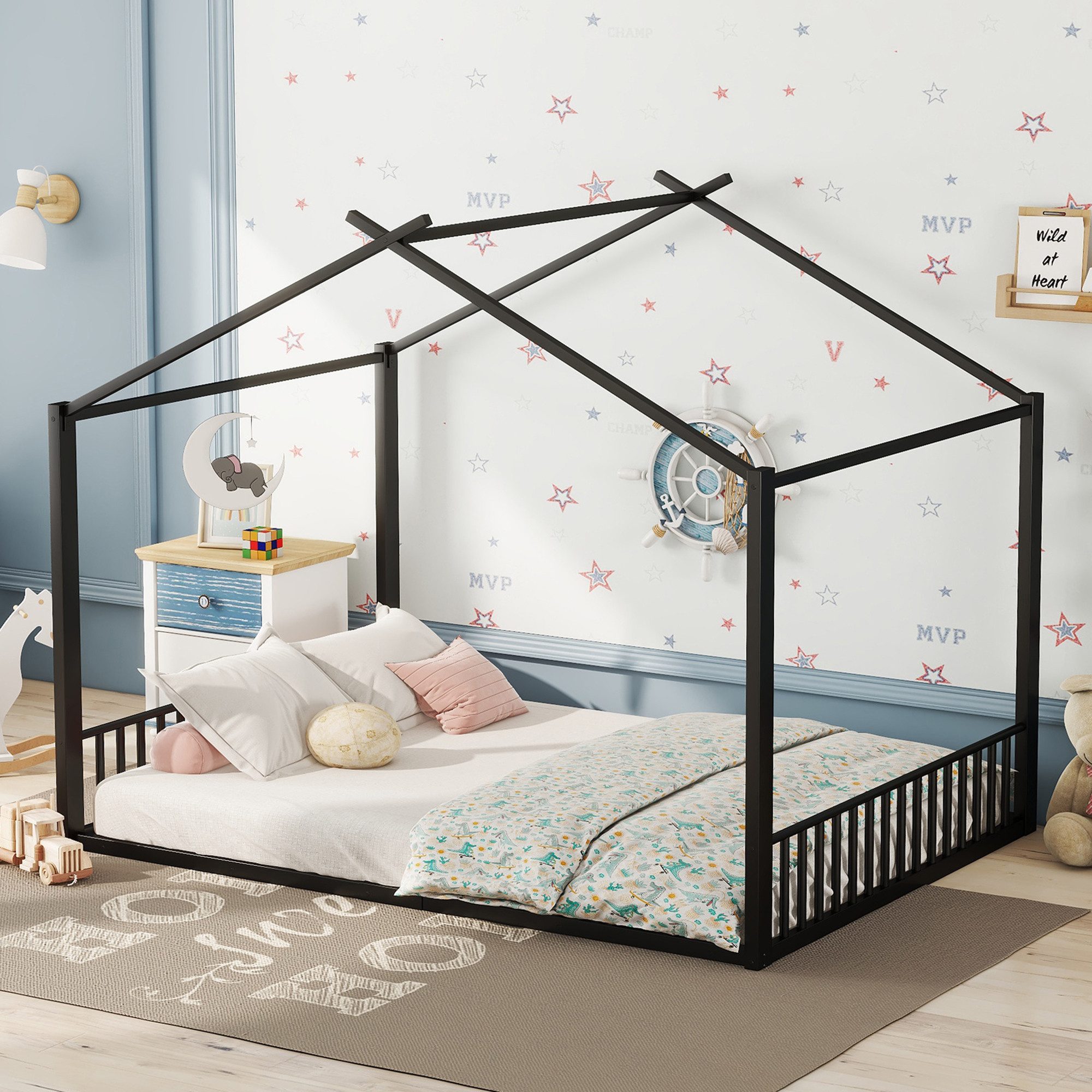 STILVORA Kinderbett 140×200 in Hausform,Bettgestell Flachbett ohne matratze,Schwarz (140x200 cm), ohne Matratze