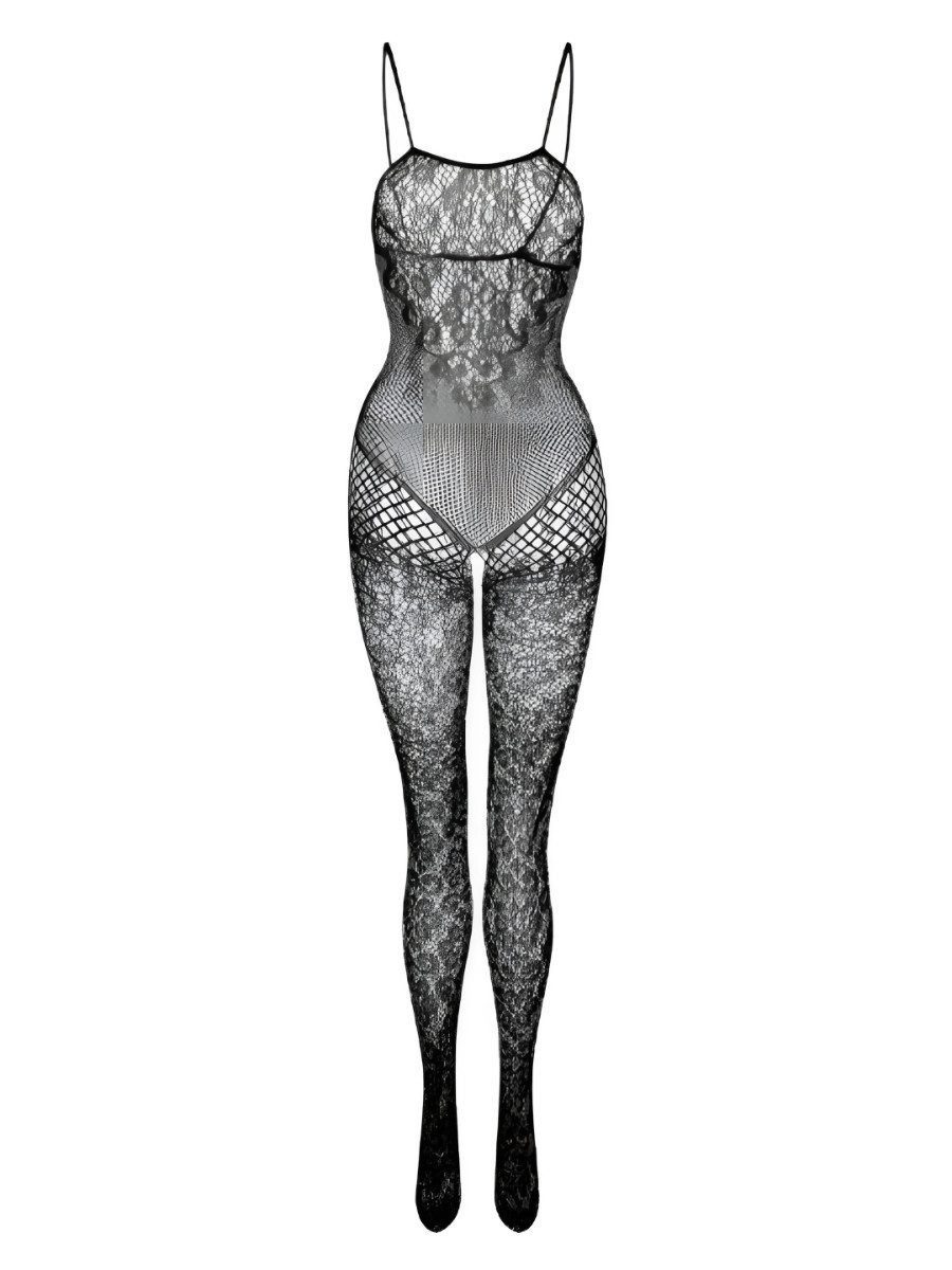 Elegant Love Bodystocking-Ouvert Strumpfbody, sexy Netzstrumpfhose mit offenem Schritt – Reizwäsche Eleganter Catsuit aus Netz – Feines Dessous, S–L