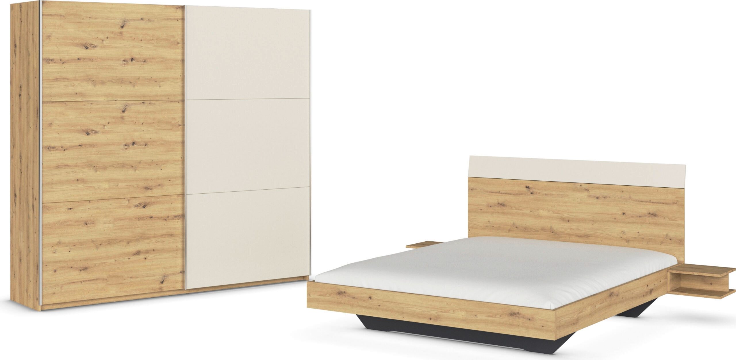 möbel-direkt.de Komplettschlafzimmer Monza im Dekor Eiche Artisan und Beige mit Schwebetürenschrank, (Komplett-Set, mit verschiedenen Bettgrößen wählbar), Made in Germany