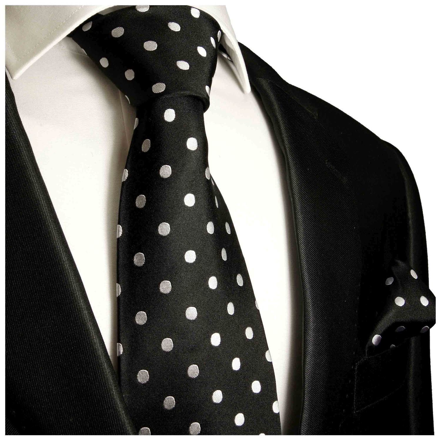 Paul Malone Krawatte Herren Seidenkrawatte und Tuch modern gepunktet 100% Seide (Set, 2-St., Krawatte mit Einstecktuch) Breit (8cm), schwarz silber 976