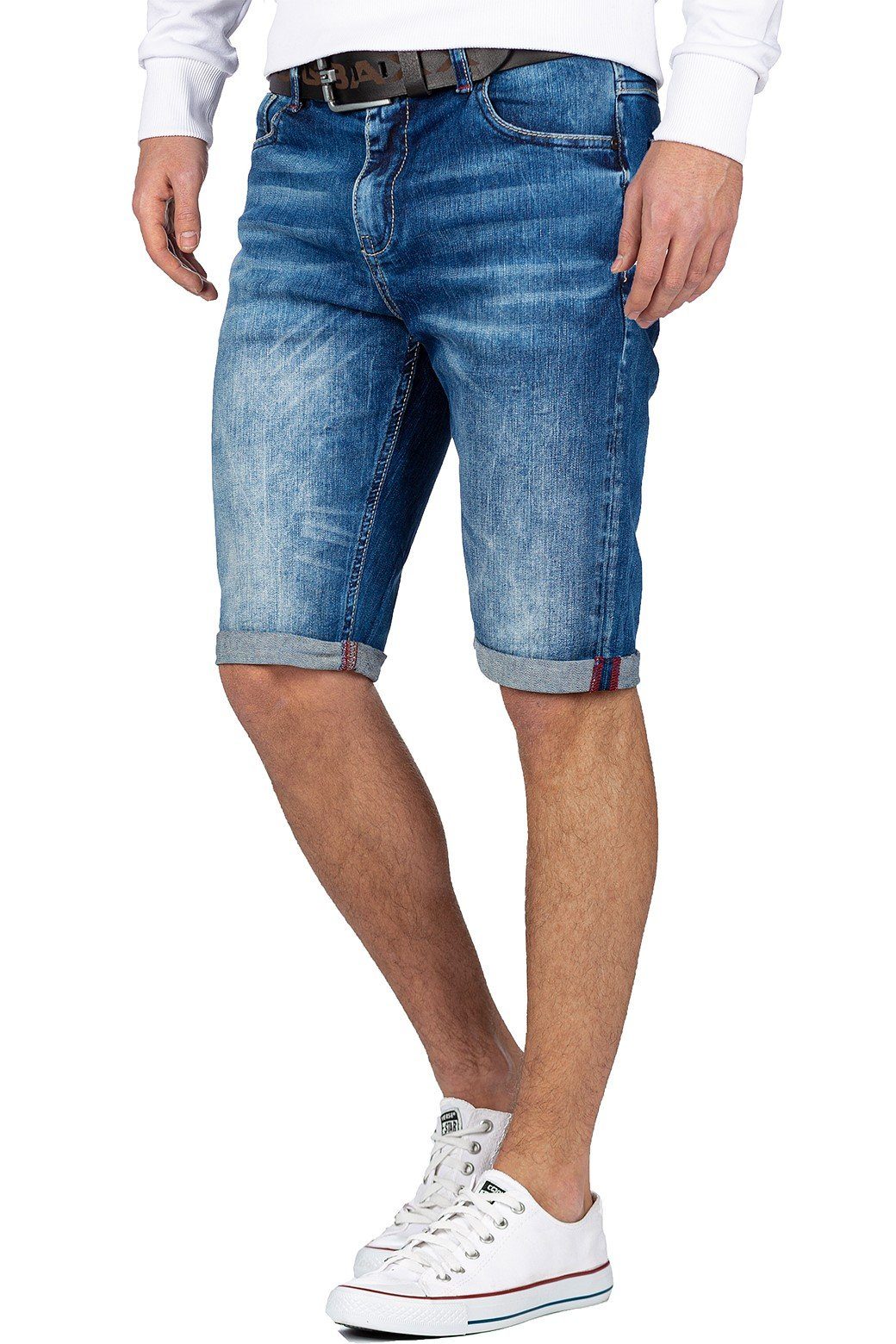 Cipo & Baxx Jeansshorts Herren Regular Fit Kurze Hose Stonewashed BA-CK184 5-Pocket-Style mit markantem Metallpatch und Nieten – Bild 3 von 5