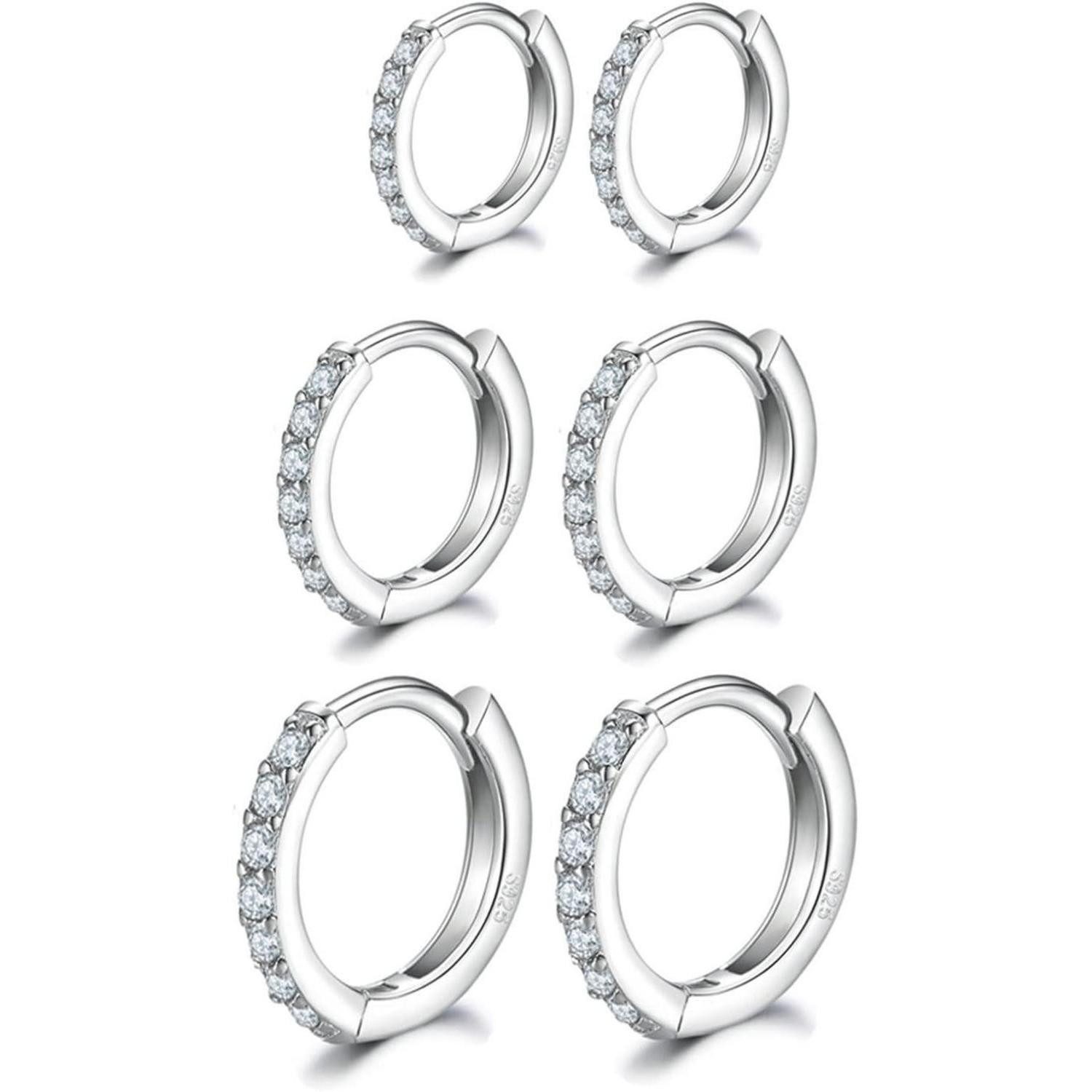 LuxusKollektion Creolen-Set Creolen Silber 925 Gold 3 Paar Hypoallergen Zirkonia silbe-8-10-12mm