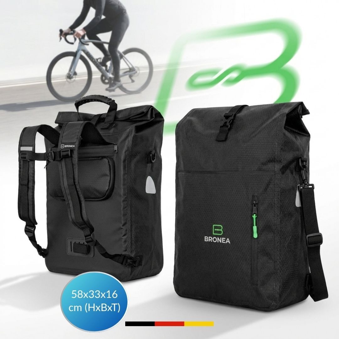Bronea Fahrradtasche 3-in-1 Kombi Rucksack & Umhängetasche 100% Wasserdicht XXL-28Ltr (Schnellmontage an Gepäckträger, integrierte Laptoptasche), Diamond-Struktur Laptoptasche 100% Wasserdicht Reflektierende Elemente