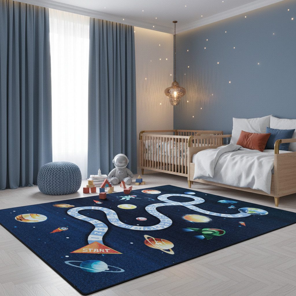 KADIMA DESIGN Kinderteppich TRAUN Spielteppich Kinderzimmer Waschbar Webteppich Rutschfest, Rechteckig, Höhe: 8 mm, 80x120 cm, Strapazierfähig Fußbodenheizung Weltraum Polyamid Waschbar