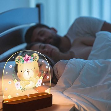 GRAVURZEILE LED Nachtlicht für Kinder, Beruhigend und Energiesparend - Blumen Design - Bär mit Blume, LED, Warmweiß, Geschenk für Kinder & Baby