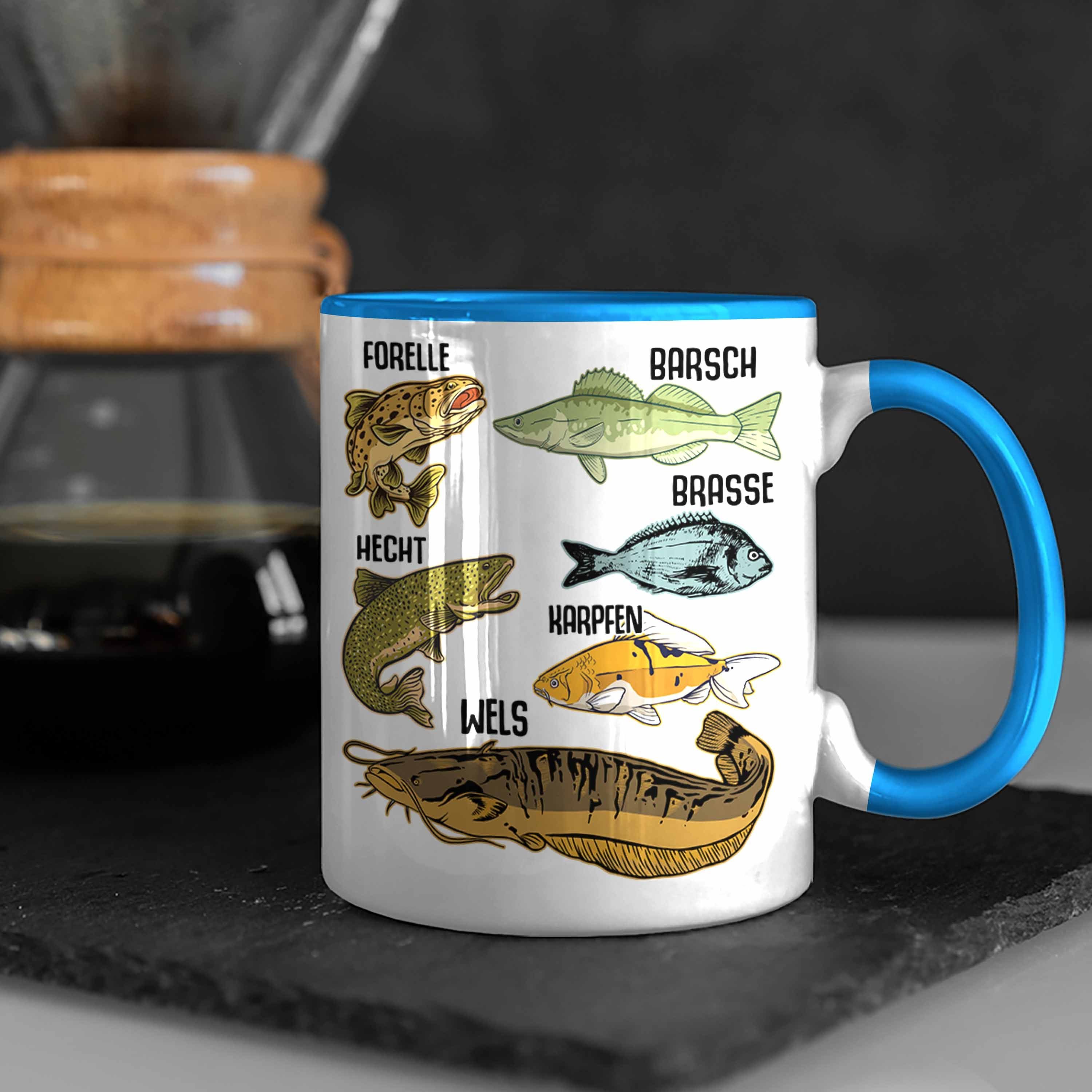 Trendation Tasse Trendation Angler mit Fischarten Angeln Fischer - Hobbyangler Kaffeetasse Barsch Blau Tasse Forelle Hecht Raubfische Geschenk