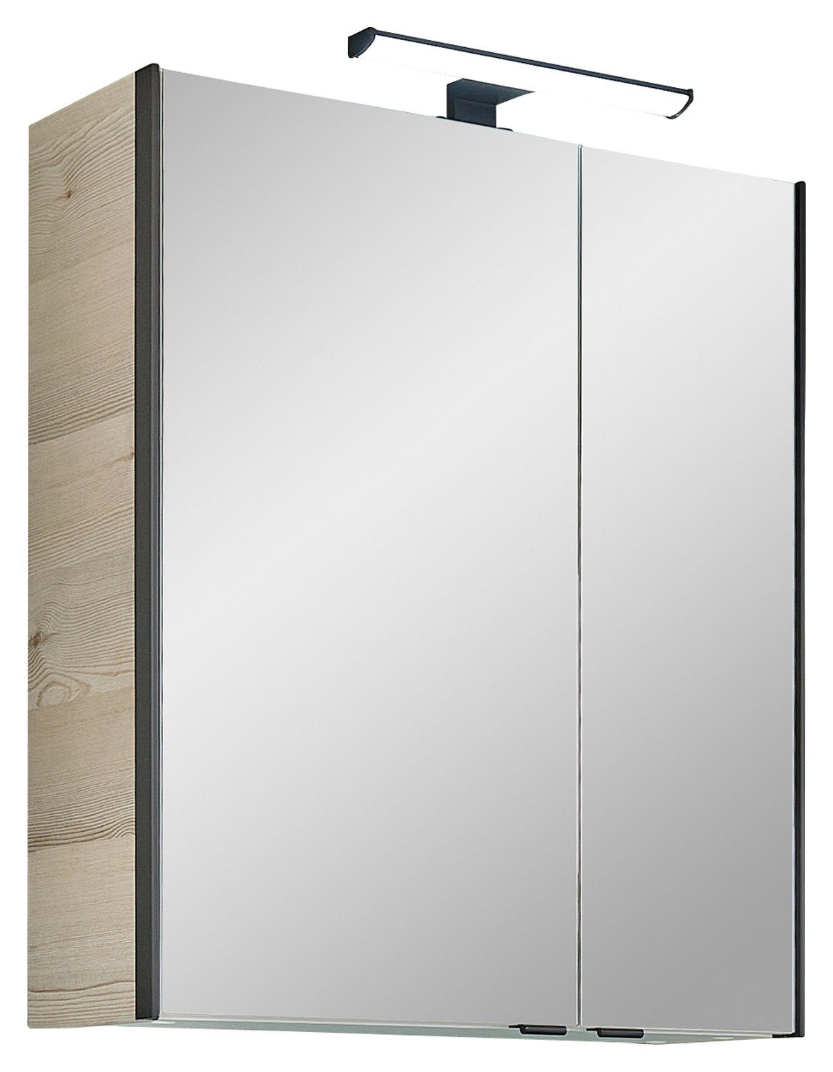 Vito Spiegelschrank ALOMI, Polar Pinie Dekor, 2 Spiegeltüren, Badmöbel, mit LED-Aufsatzleuchte, B 60 x H 70 x T 20 cm