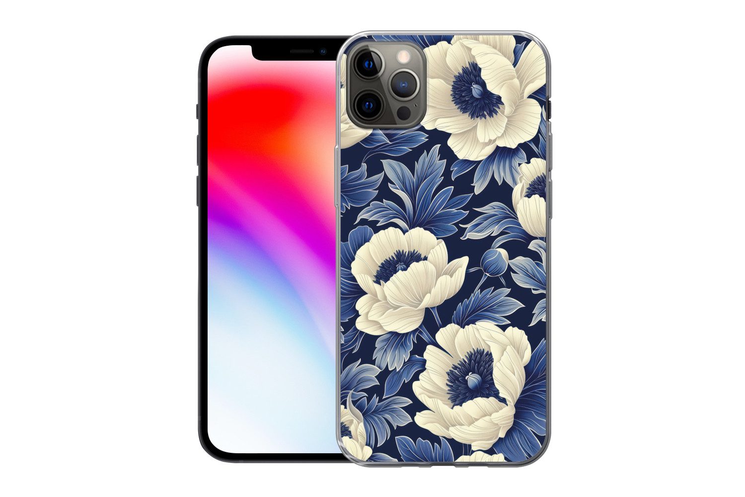 MuchoWow Handyhülle für Apple iPhone 13 Pro Max Blumen - Muster - Blau - Weiß, Smartphone-Bumper, Print, Handy Schutzhülle Dünn