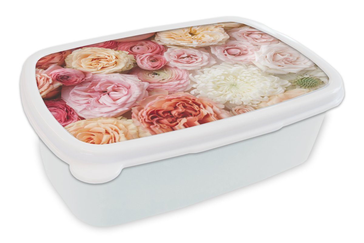 MuchoWow Lunchbox Blumen - Rosen - Rosa, Kunststoff, (2-tlg), Brotbox für Kinder und Erwachsene, Brotdose, für Jungs und Mädchen weiß