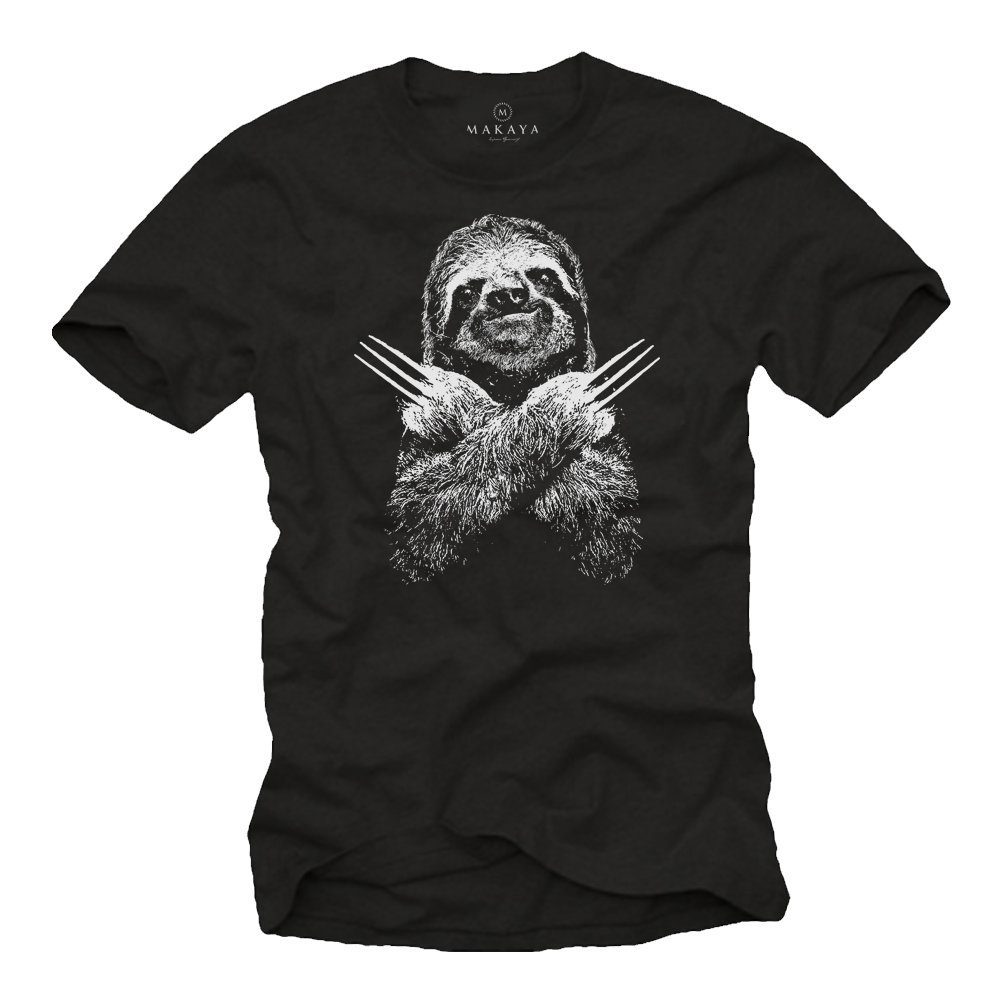 MAKAYA T-Shirt Herren Faultier Print Lustig Sloth Aufdruck Männer Geschenke Jungen mit Druck, aus Baumwolle Schwarz