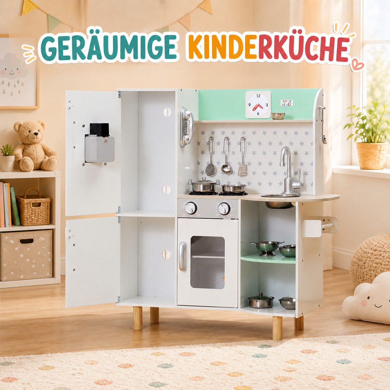 Baby Vivo Spielküche Kinderküche aus Holz - Gustavo in Weiß