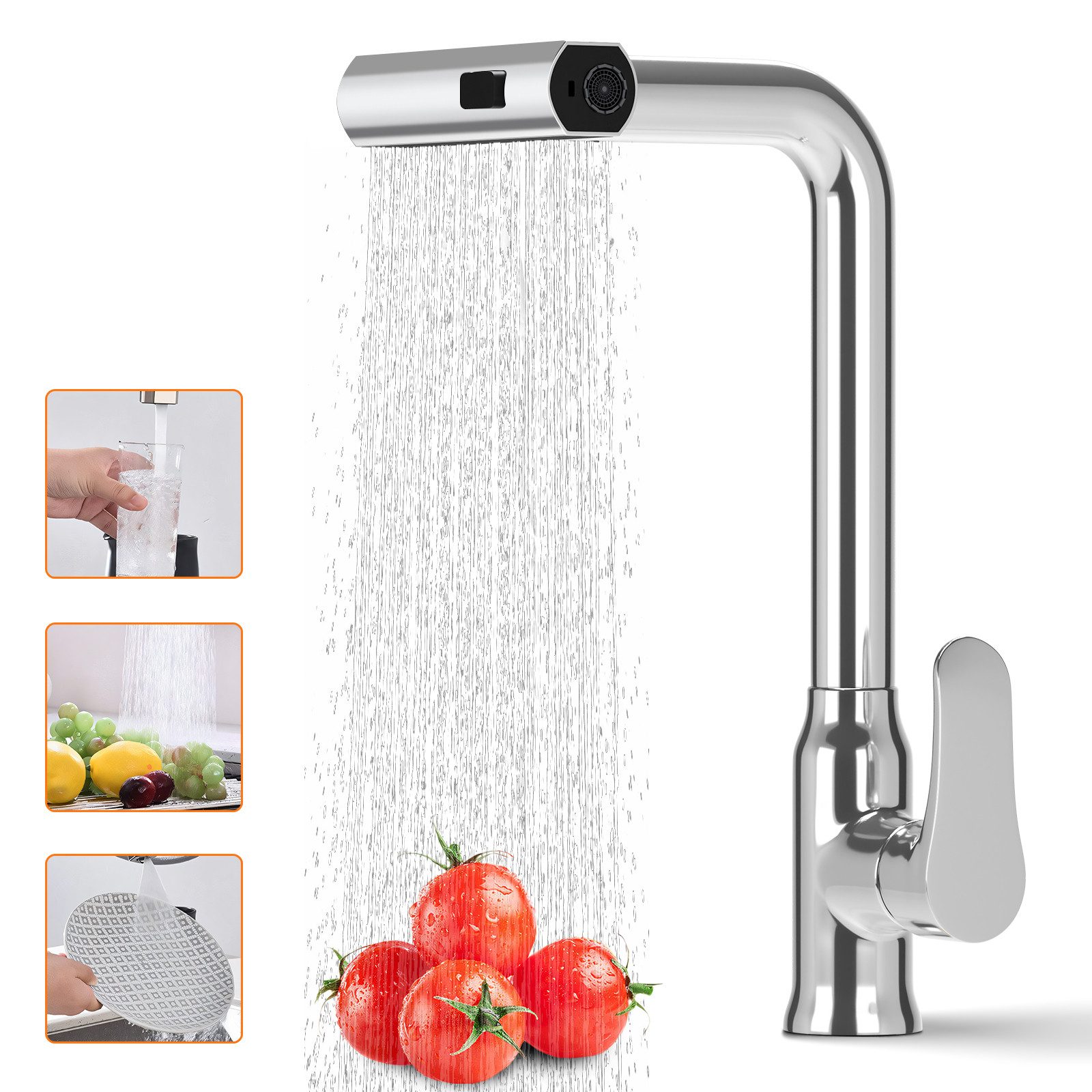 Rayofi Küchenarmatur Ausziehbar , mit Drei Strahlarten Spültischarmatur Küche (mit Herunterziehen Brause, Einlochmontage, 360° Schwenkbar, Wasserfall-Edelstahl Hochdruck-Wasserhahn Küche) Zum Waschen von Gemüse und Obst