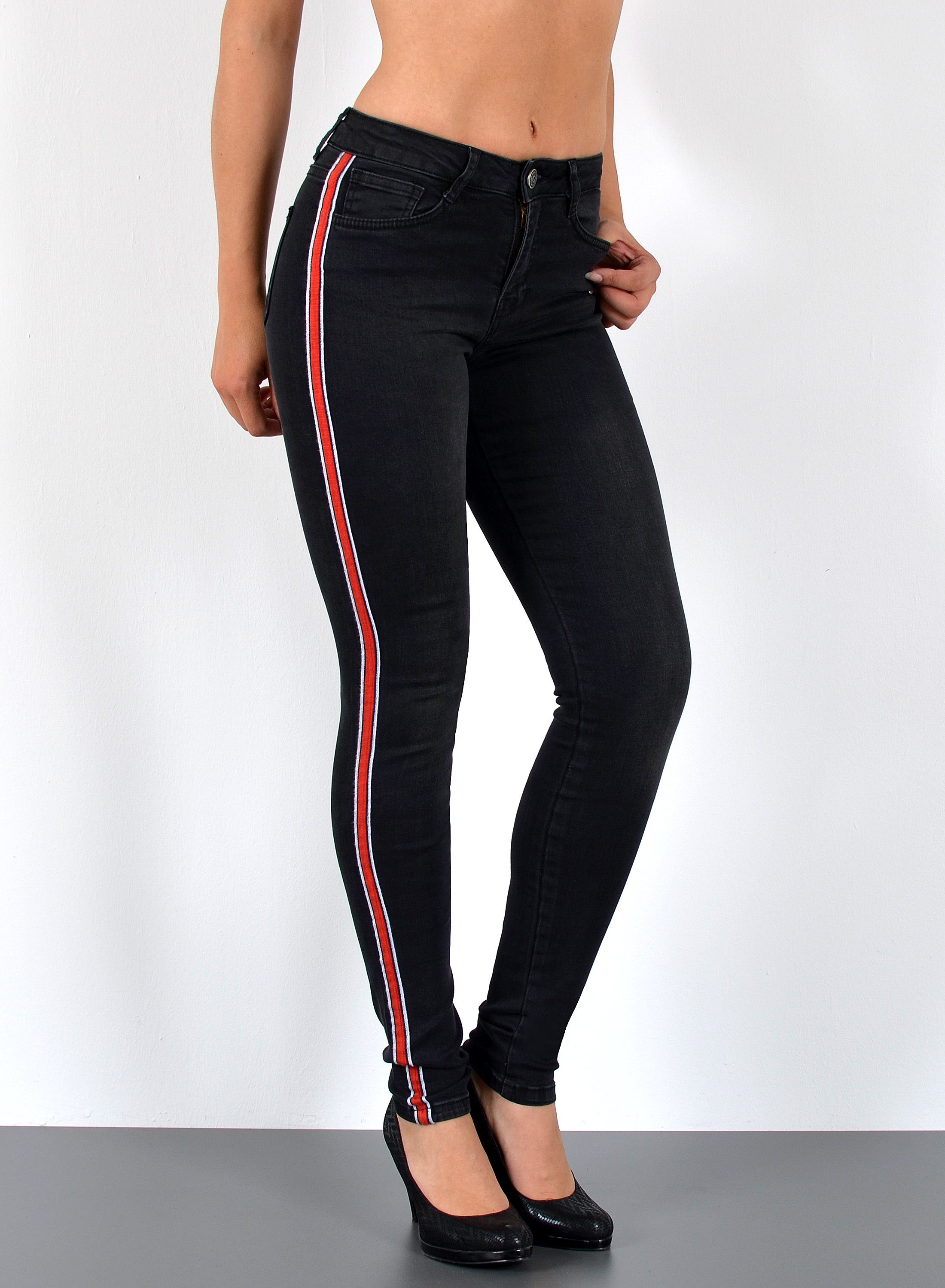 ESRA Skinny-fit-Jeans Damen High Waist Skinny Jeans mit Streifen bis Große Größe J330 Skinny Jeans Damen High Waist mit Seitenstreifen Galonstreifen Hose