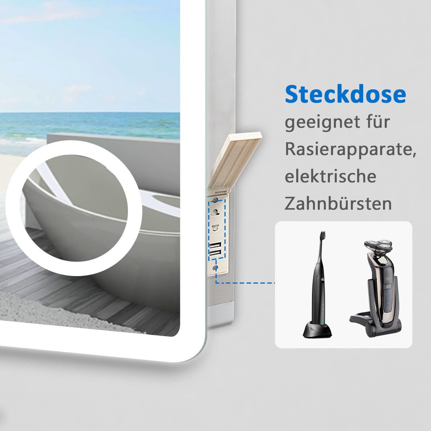 duschspa Badspiegel LED Spiegel mit Steckdose 3x Schminkspiegel Kalt/Neutral/Warmweiß, Rasiersteckdose – Bild 3 von 5