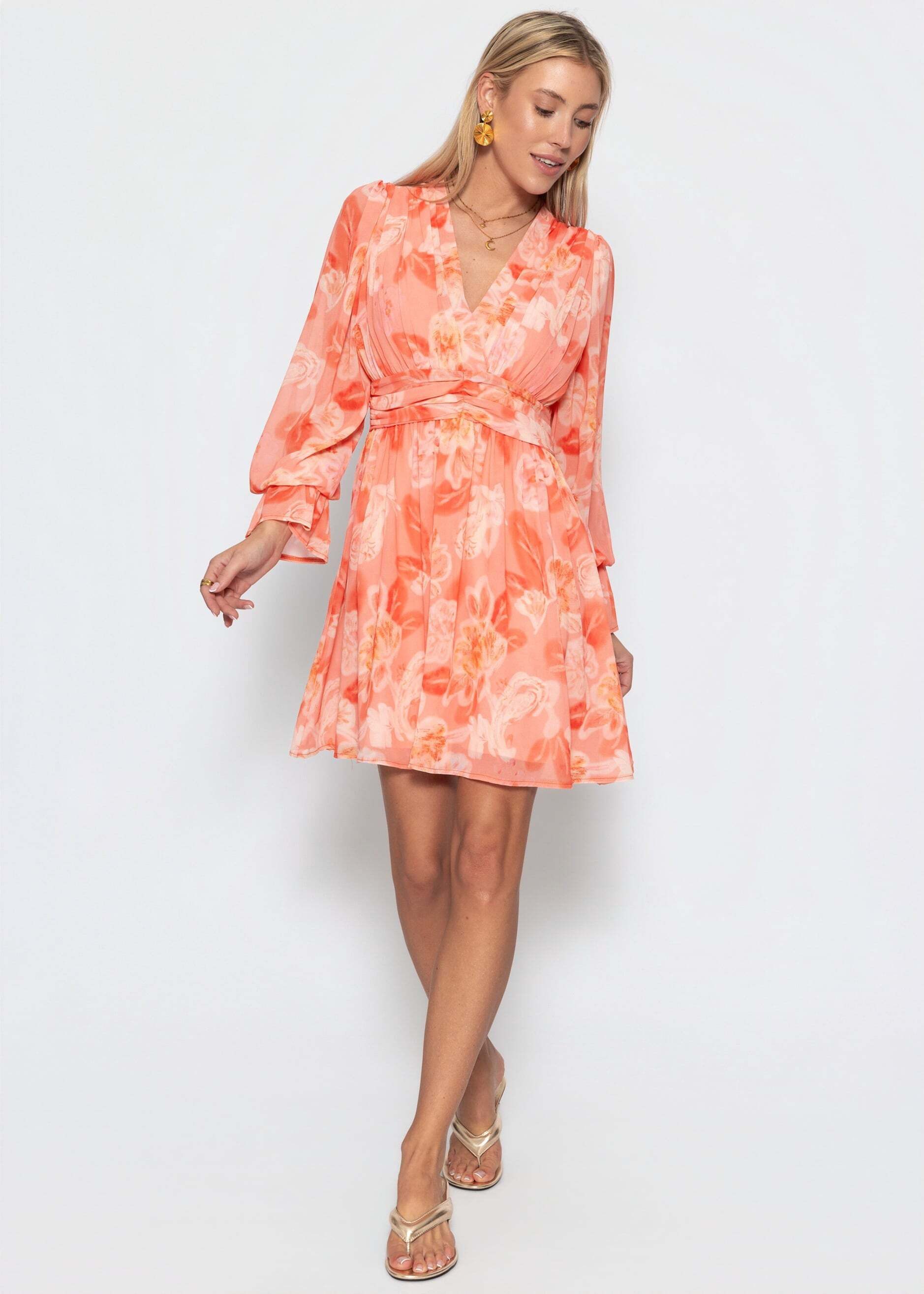 SASSYCLASSY Minikleid Langarm-Chiffonkleid mit Blumenprint Damen Romantisches Minikleid mit Volantabschluss an den Ärmeln Koralle