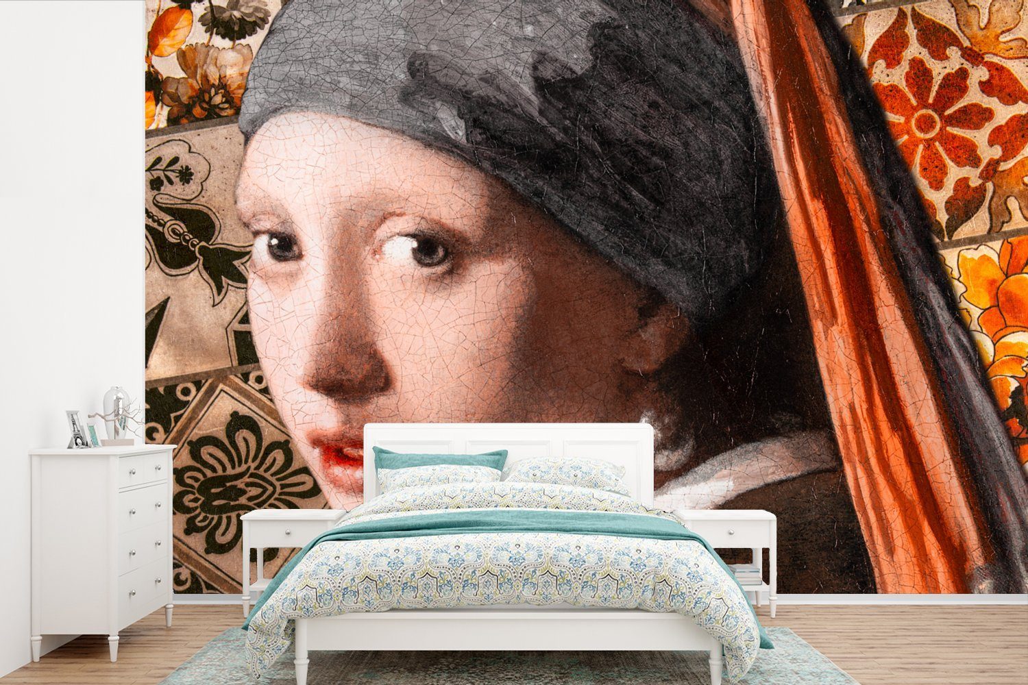 MuchoWow Fototapete Das Mädchen mit dem Perlenohrring - Vermeer - Collage, Matt, bedruckt, (6 St), Wallpaper für Wohnzimmer, Schlafzimmer, Kinderzimmer, Vinyl Tapete