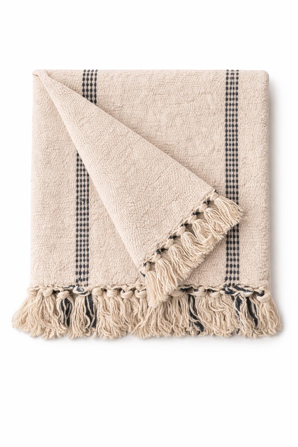 Wohndecke Natural/Black, AU Maison, Stilvolle Baumwolldecke mit Fransen 130x180 cm