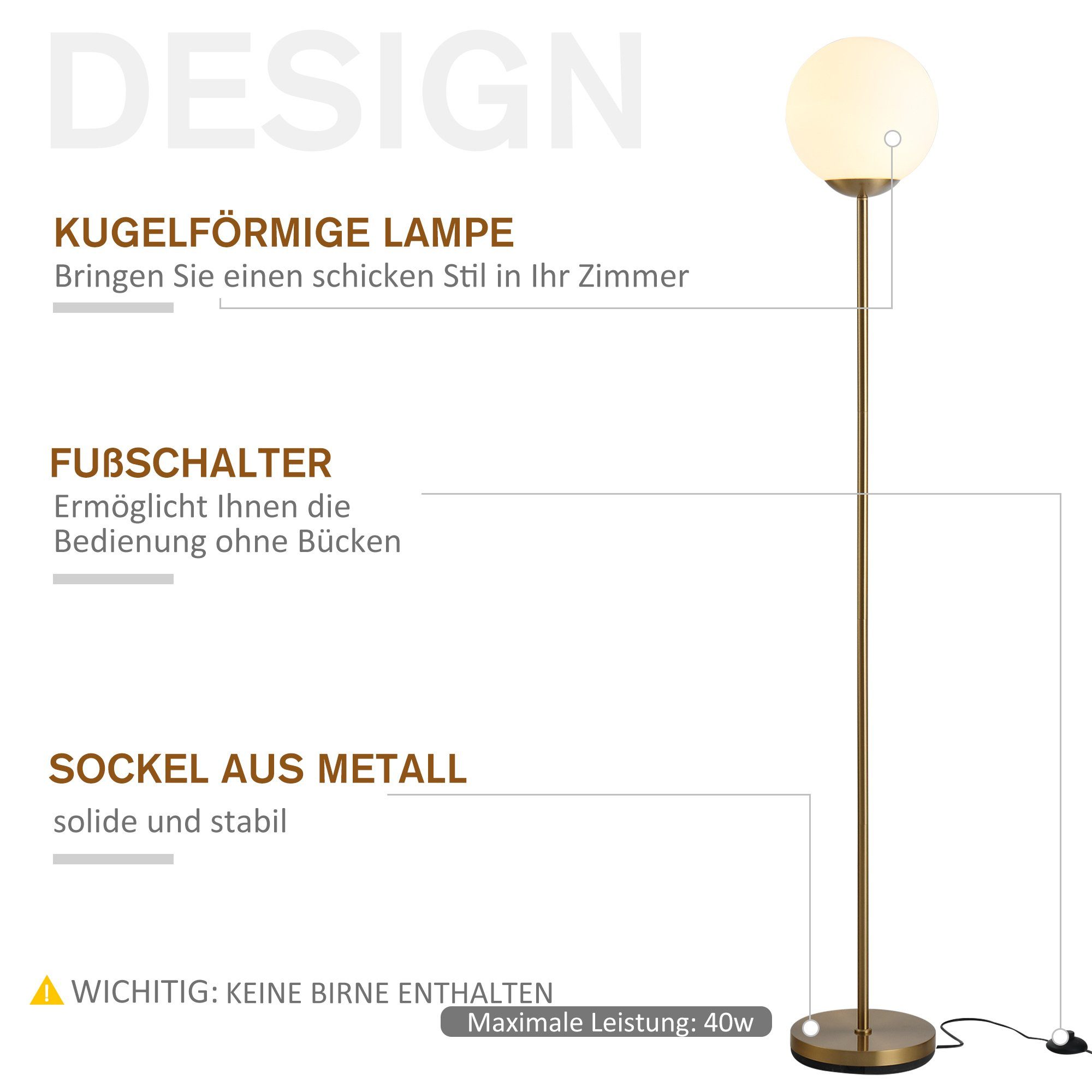 Stehlampe Stehlampe (nicht HOMCOM x E27 fürs Wohnzimmer, 1 Lieferumfang enthalten) im