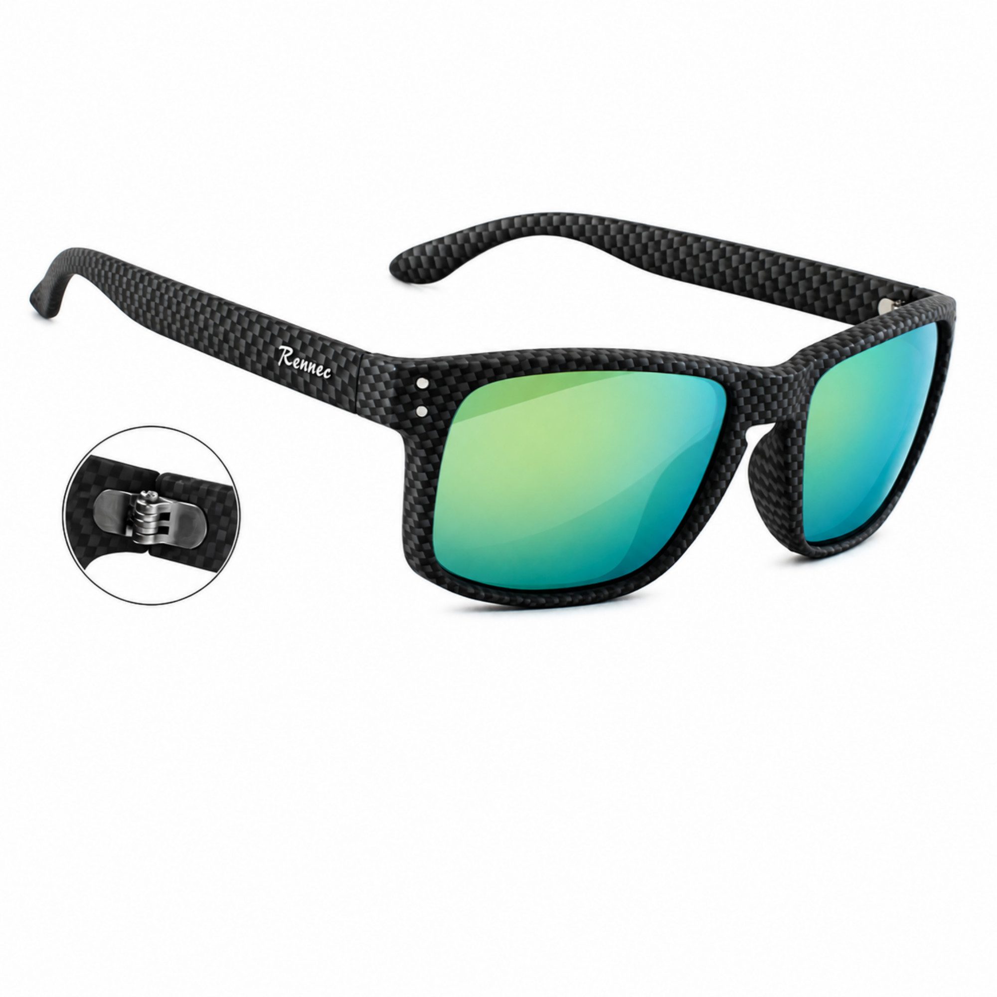 Rennec Sonnenbrille Rechteckig Herren Carbon Look Gläser Türkis Verspiegelt Motorsport Brille mit 3in2 Edelstahlgelenke, Markenschriftzug