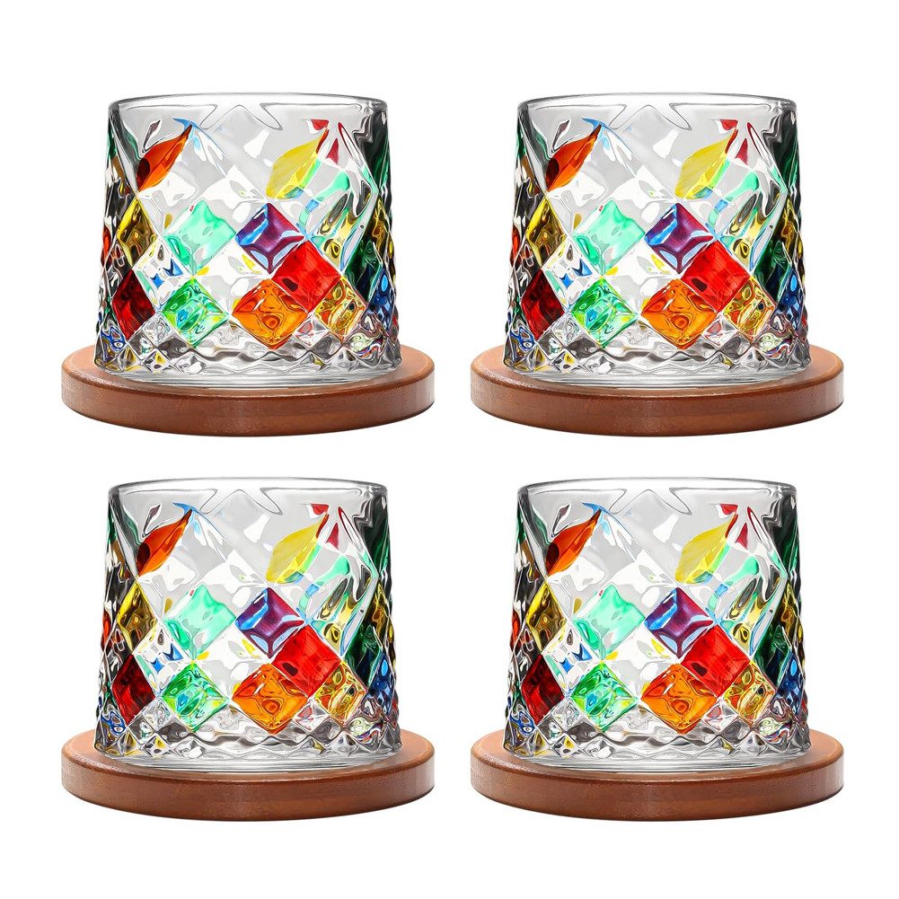 FANNOU Whiskyglas Drehbare Whiskygläser Kristall, 4-tlg., mit Untersetzer, Stehaufmännchen Gläser