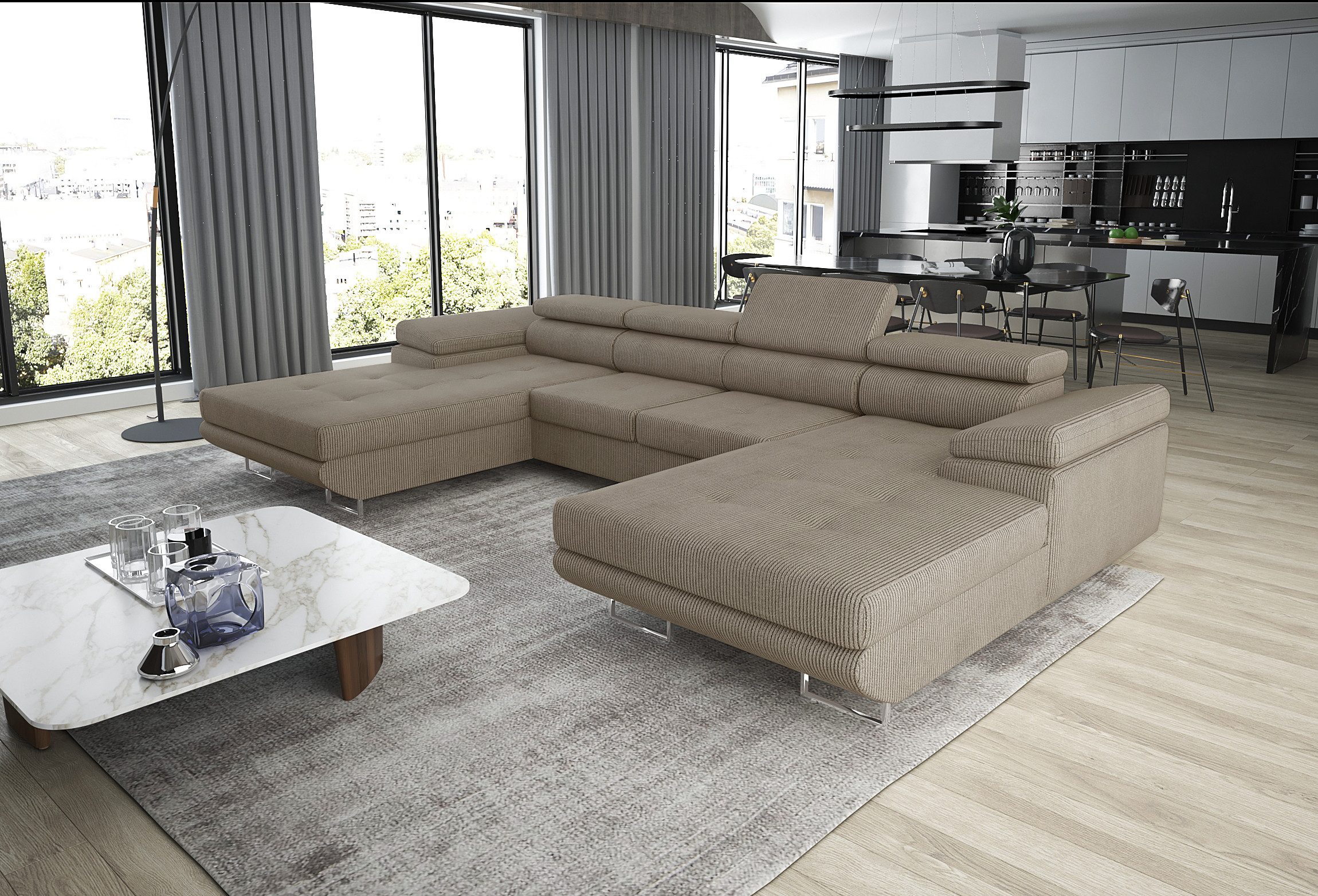 thematys Ecksofa ALVARO U 355 x 162cm mit Schlaffunktion & Bettkasten –, U-Sofa mit 4 verstellbaren Kopfstützen, Samt (Monolotith), oder Cord (Poso) - U-Form, XL-Wohnlandschaft, 355 cm breit