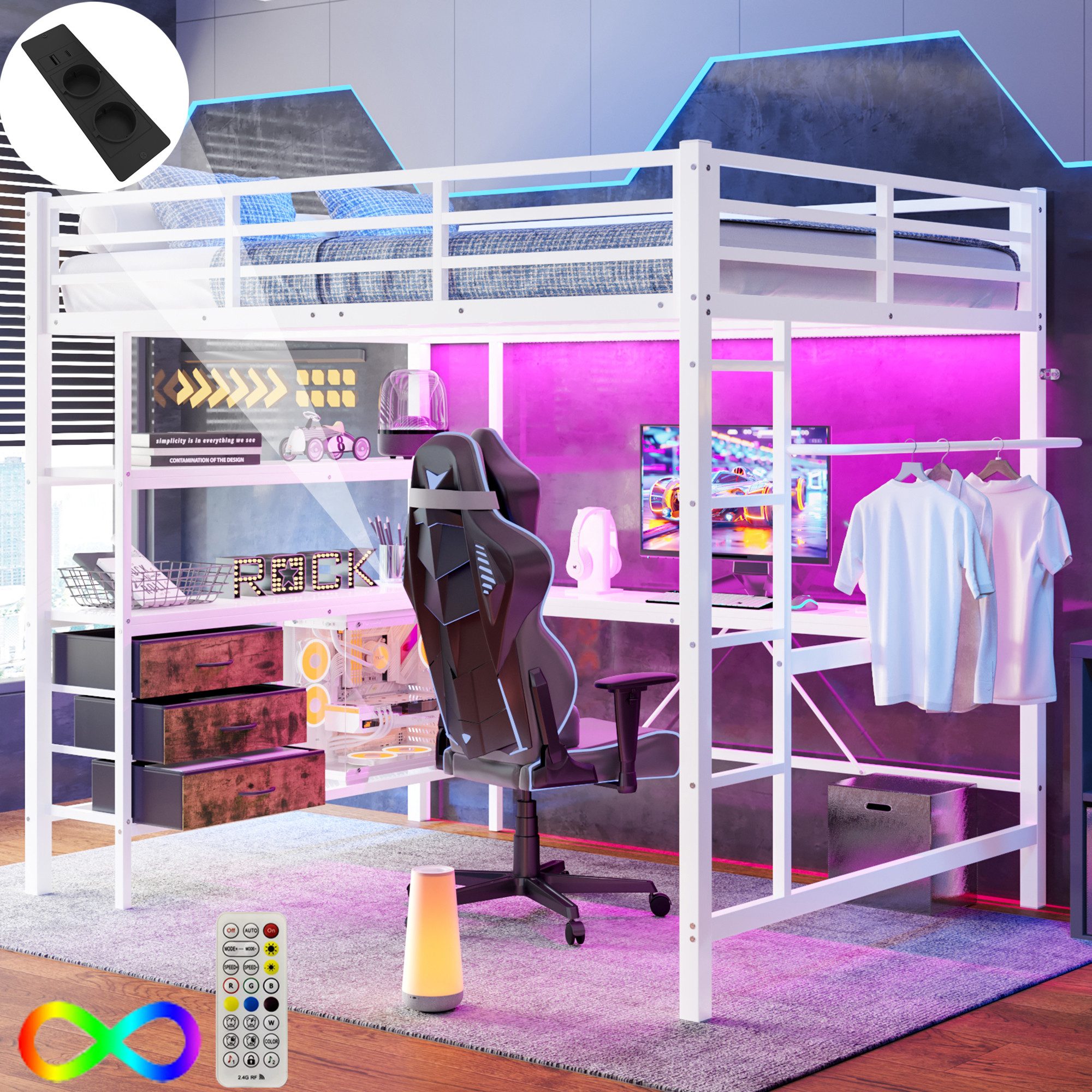 HAUSS SPOLE Hochbett 140x200cm mit Ambientelicht, Schreibtisch, Steckdose+U günstig online kaufen