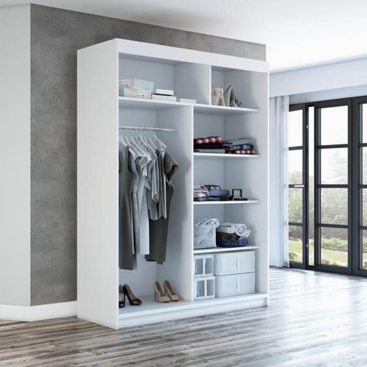 A&J MöbelLand GmbH Schiebetürenschrank COLIN (TOP ANGEBOT! Geräumiger Schrank mit viel Stauraum:6 Regalen und 1 Kleiderstange – -ideal zur Aufbewahrung von Kleidung und Accessoires. TOP PRODUKT! Farbe und Größe (120 cm, 160 cm, 180 cm) zur Auswahl -wählen Sie das ideale Modell für Ihr Schlafzimmer!, Kleiderschrank mit Regalen) Breite: 120 cm, 160 cm, 180 cm, Höhe: 215 cm, Tiefe: 59,5 cm