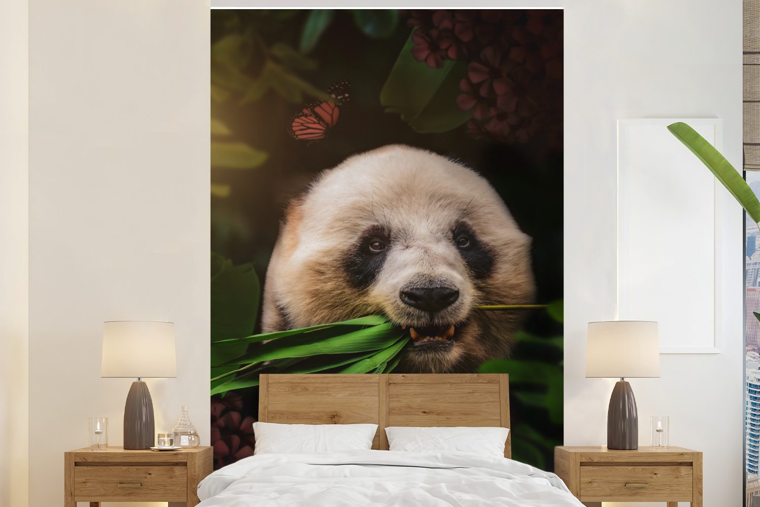 MuchoWow Fototapete Panda - Schmetterling - Dschungel, Matt, bedruckt, (3 St), Montagefertig Vinyl Tapete für Wohnzimmer, Wandtapete