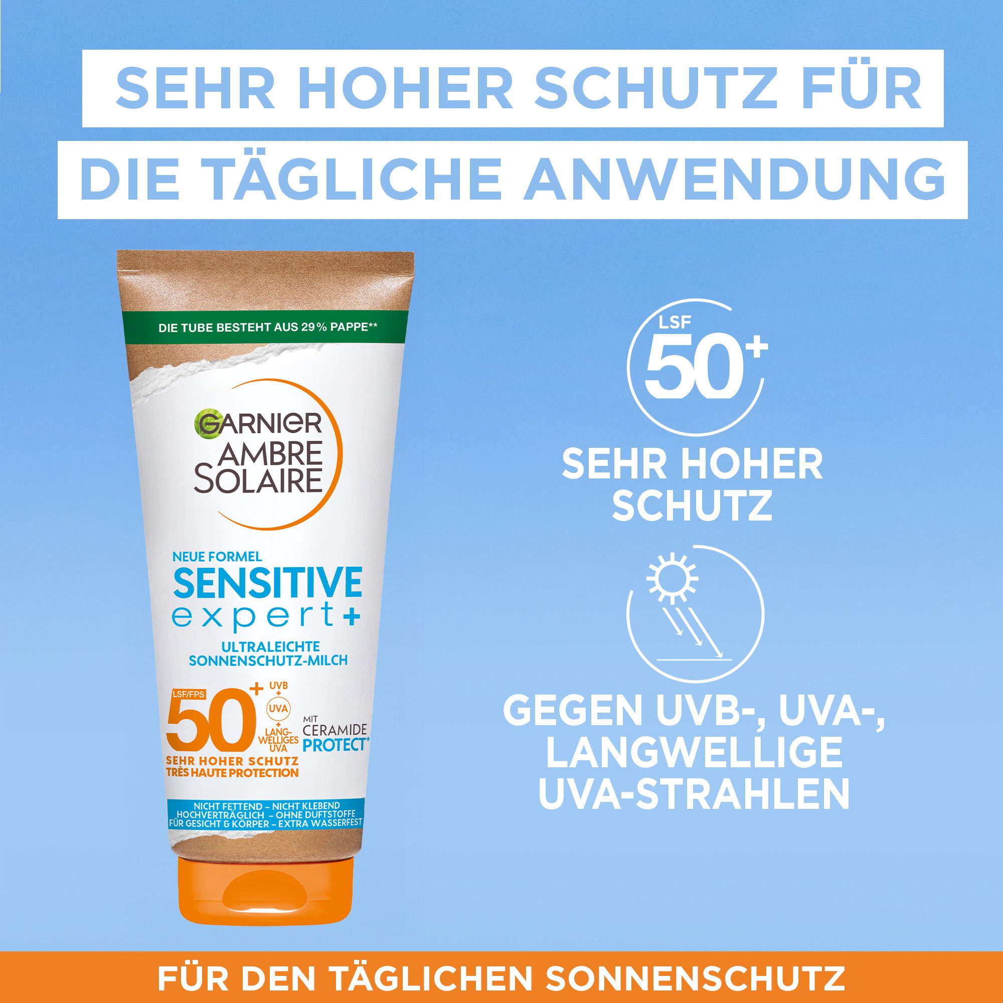GARNIER Sonnenschutzmilch AMBRE SOLAIRE SENSITVE EXPERT+ LSF50+, schützt, zieht schnell ein, keine Rückstände