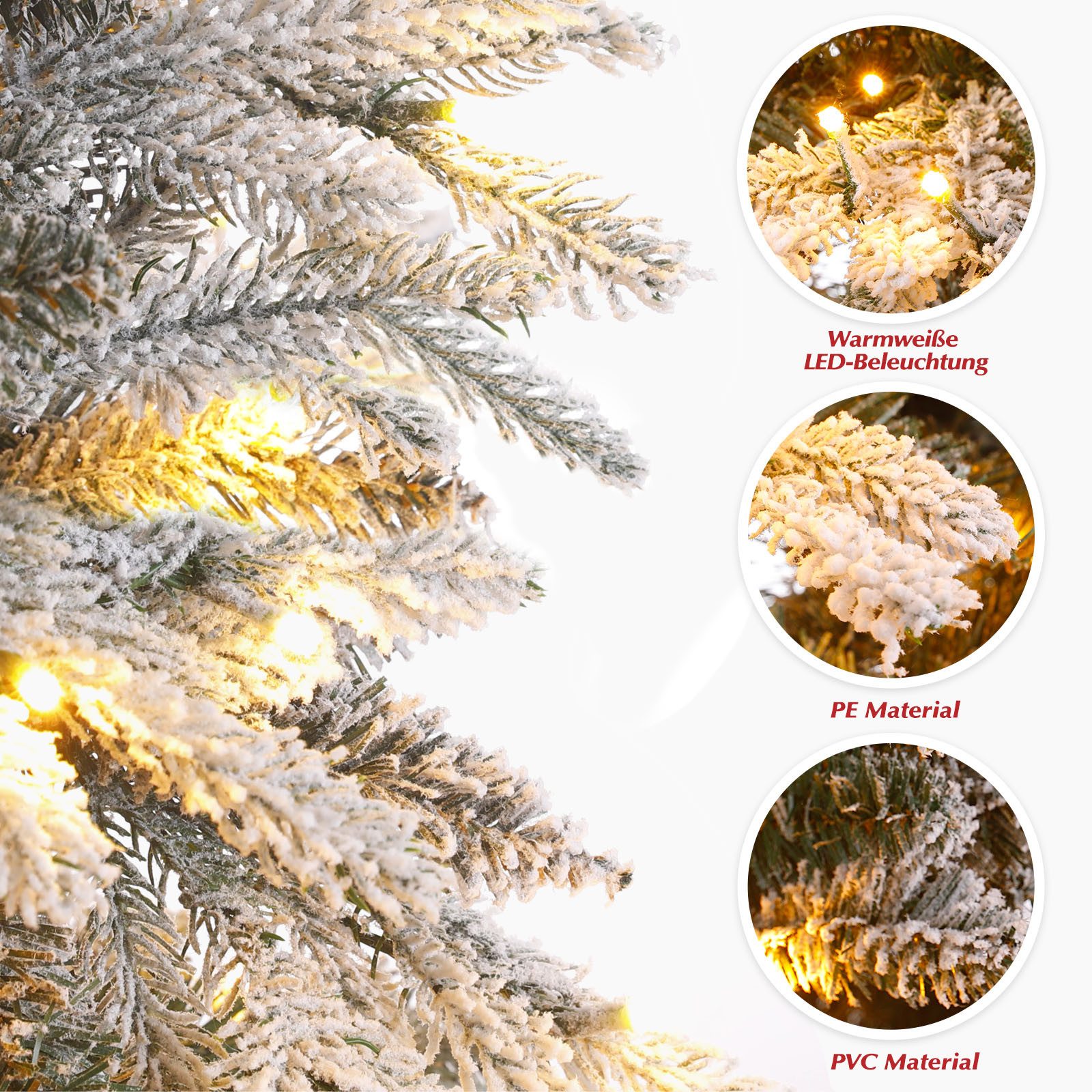 Yorbay Künstlicher Weihnachtsbaum Künstlicher Tannenbaum mit LED Beleuchtung, Weihnachstbaum aus PE, PVC, 150 / 180 / 210 cm auswählbar, mit Ständer, Weiß Schneeflocken, Weihnachtsbaum Christbaum für Weihnachten-Dekoration