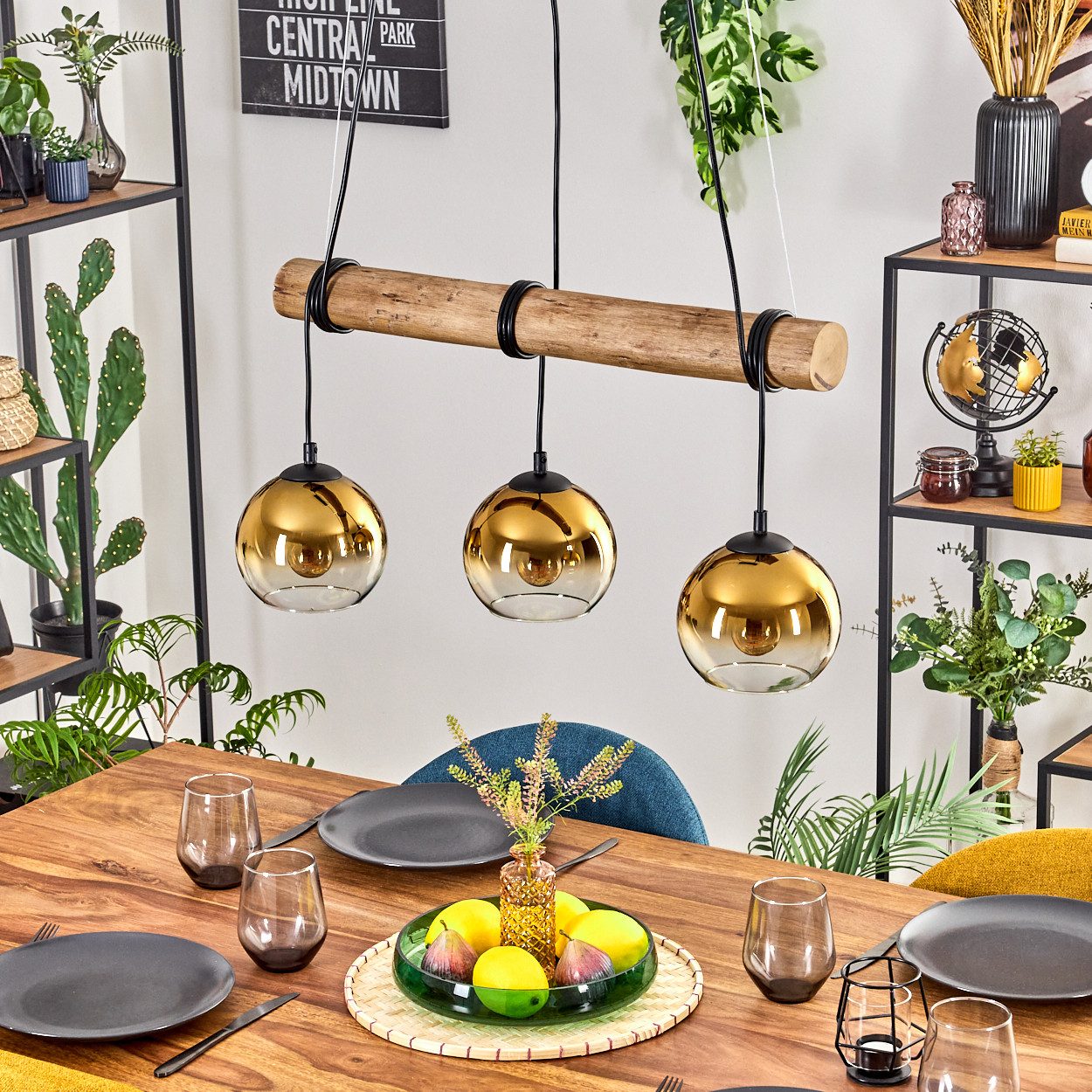 hofstein Pendelleuchte Hängelampe aus Metall/Holz/Glas in Schwarz/Natur-/Go günstig online kaufen