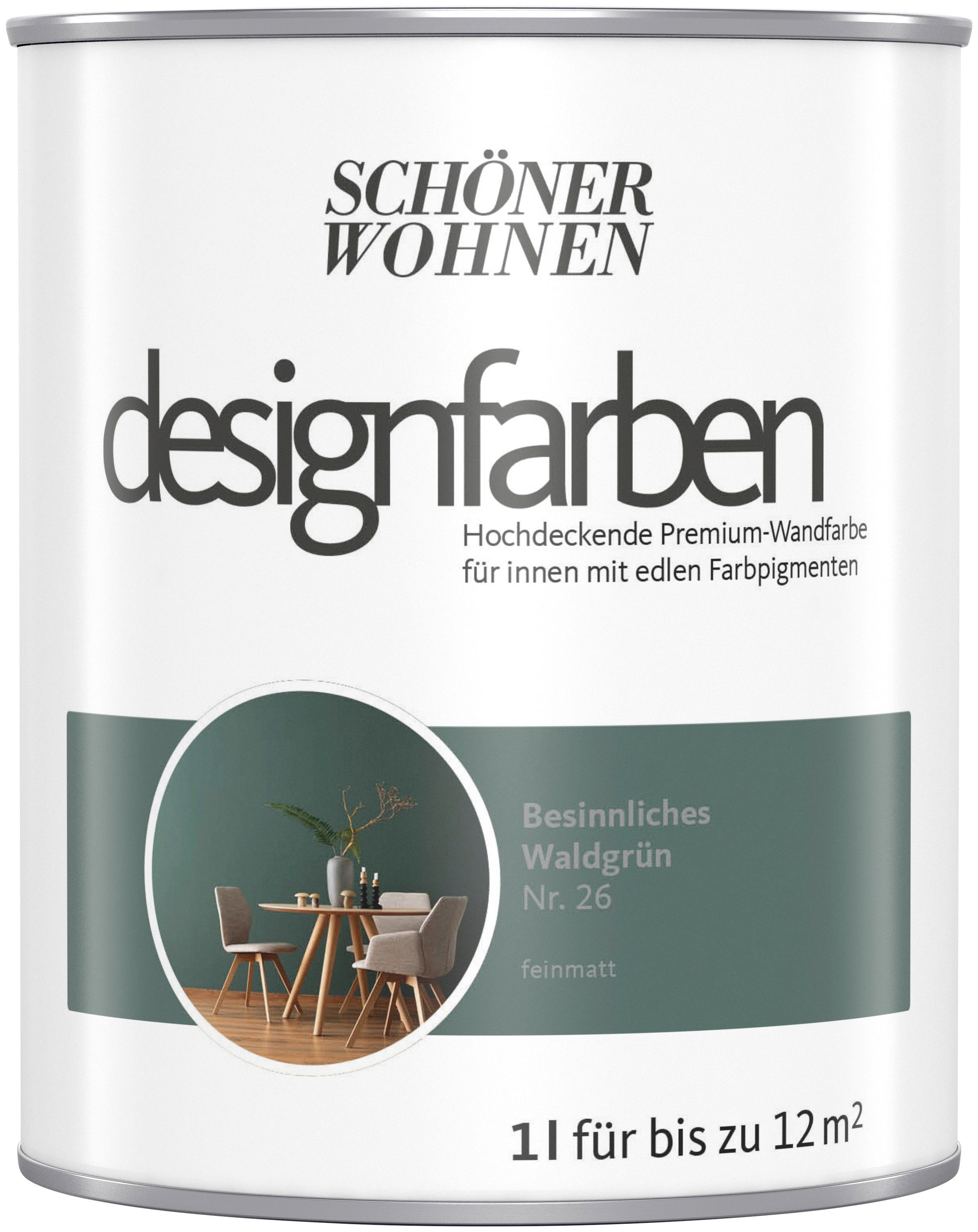 SCHÖNER WOHNEN-Kollektion Wand- und Deckenfarbe Designfarben, 1 Liter,  Besinnliches Waldgrün Nr. 26, hochdeckende Premium-Wandfarbe