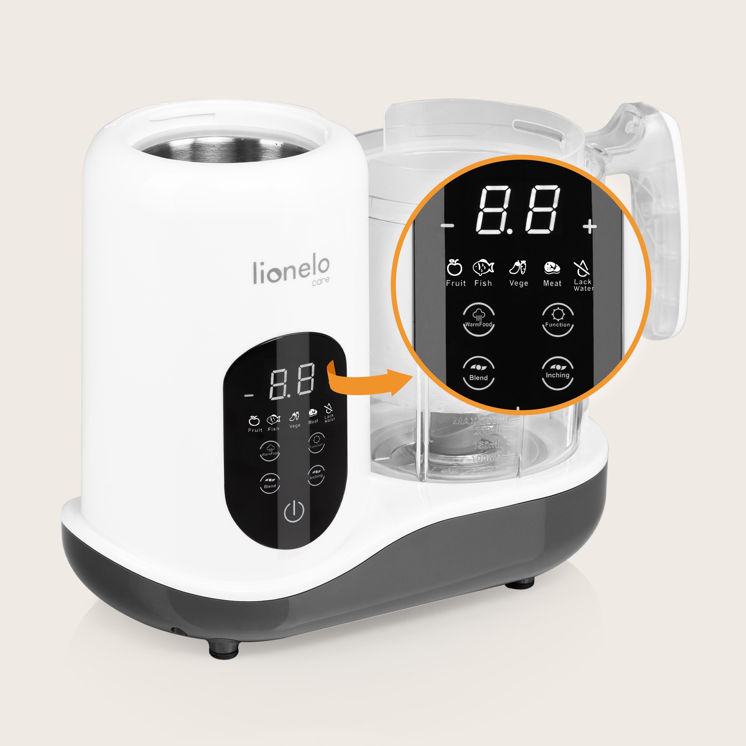 lionelo Babynahrungszubereiter LOC-BABY MENU, 300,00 W, 0,90 l Schüssel, 4 Programme/Entfrosten/Sterilisieren/Mixer/Touchscreen/900ml – Bild 5 von 5